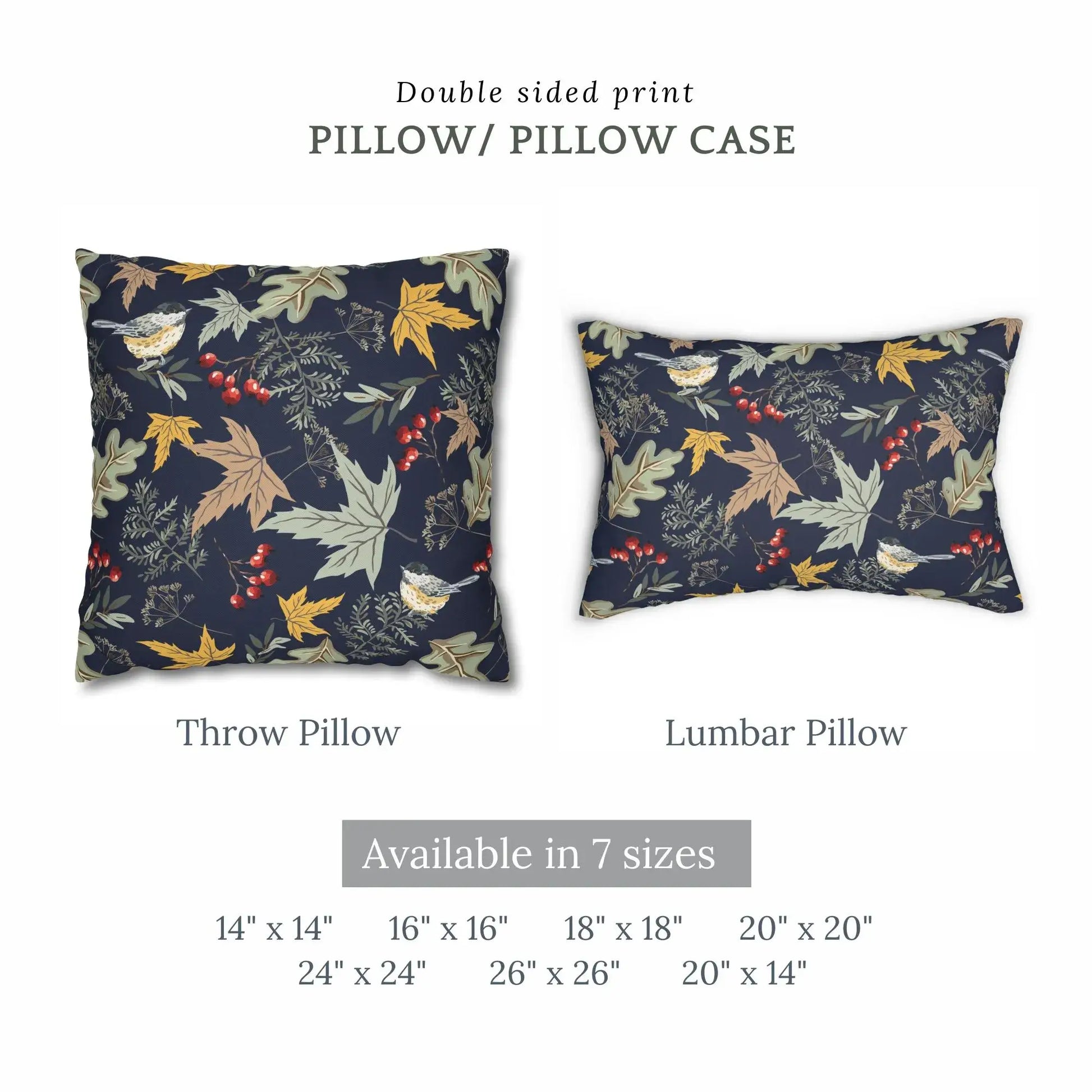 Botanical Fall Pillow showcasing birds and autumn florals in double-sided print, available in various sizes.