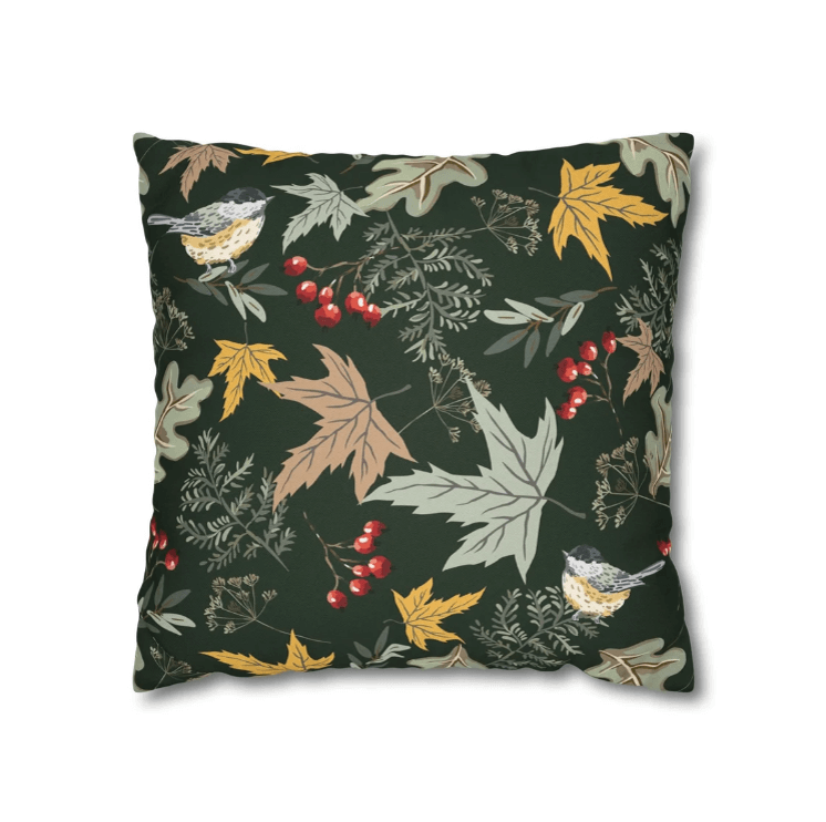 Botanical Fall Pillow – Birds & Autumn Florals design with hand-painted birds and leaves in deep colors.