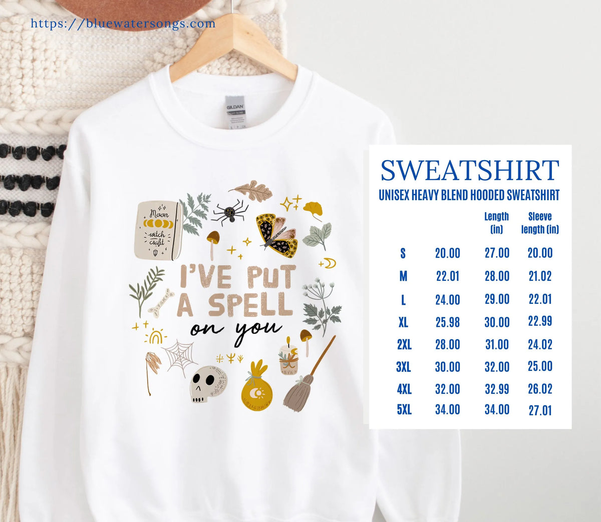 size description of 'I put a spell on you' Botanical Witch SWEATSHIRT from Blue Water Songs
