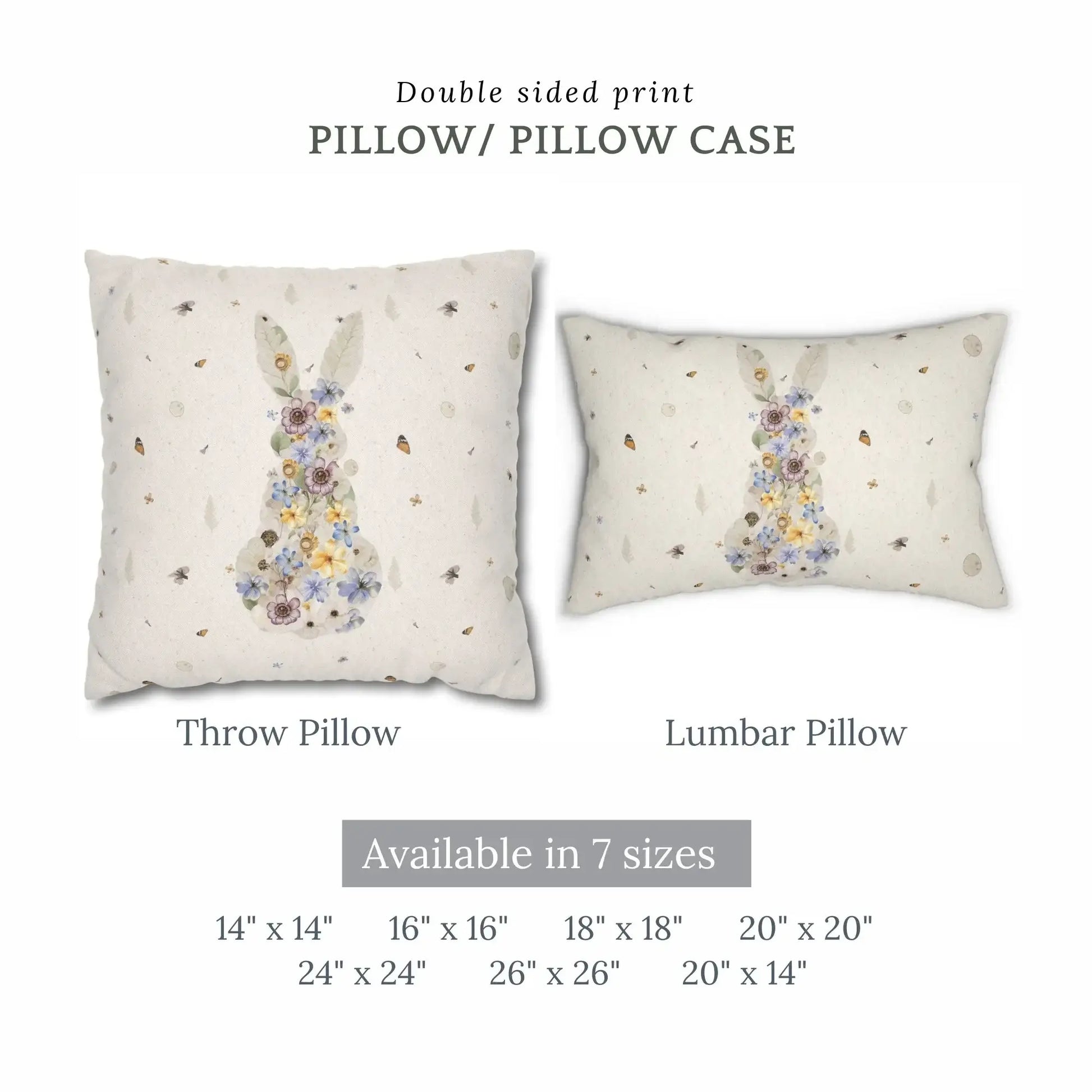 Bunny Pressed Flowers Spring Pillow Cover featuring double-sided print in throw and lumbar pillow styles available in 7 sizes.