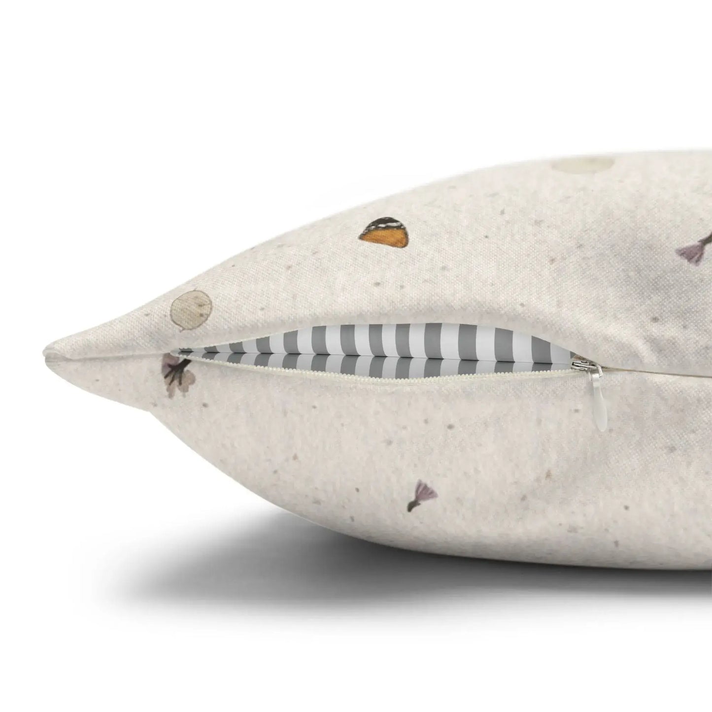 Bunny Pressed Flowers Spring Pillow Cover side view showing zipper and botanical design details.