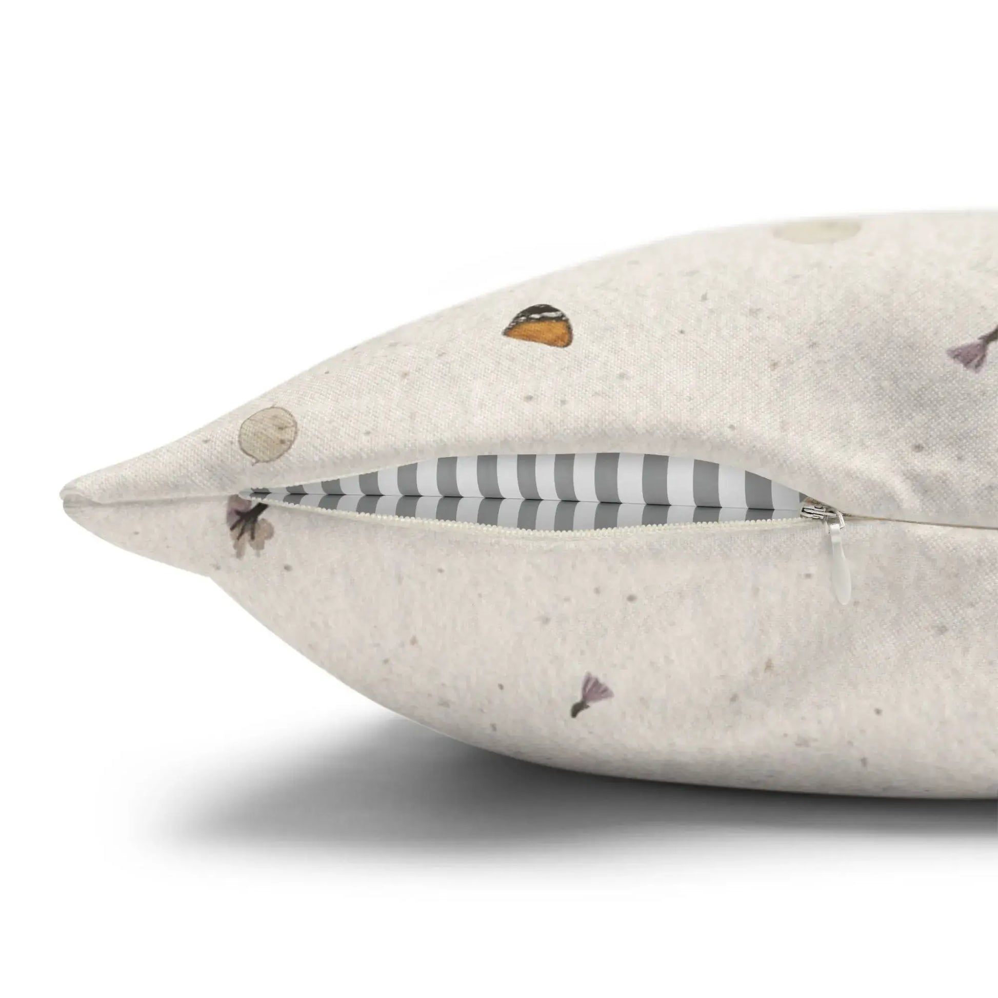 Bunny Pressed Flowers Spring Pillow Cover side view showing zipper and botanical design details.