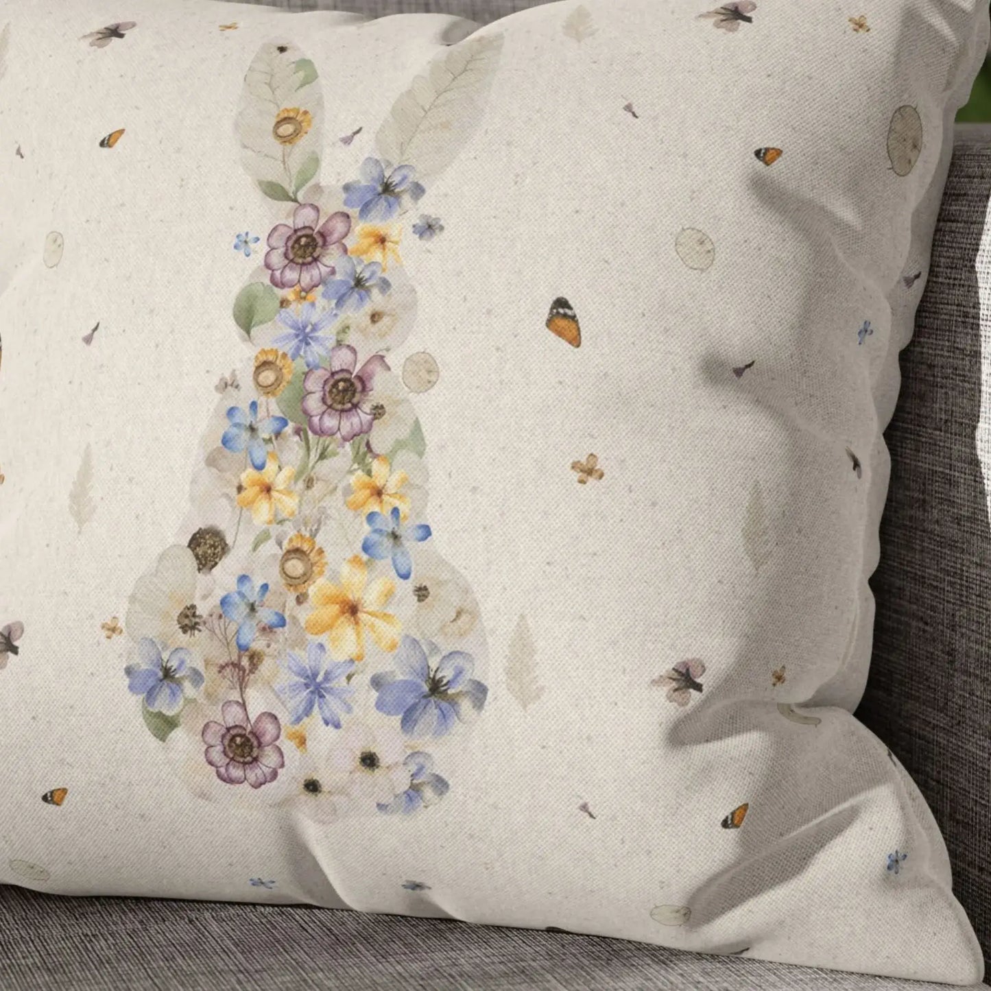 Bunny Pressed Flowers Spring Pillow Cover featuring a delicate bunny silhouette made of watercolor blooms and pressed florals