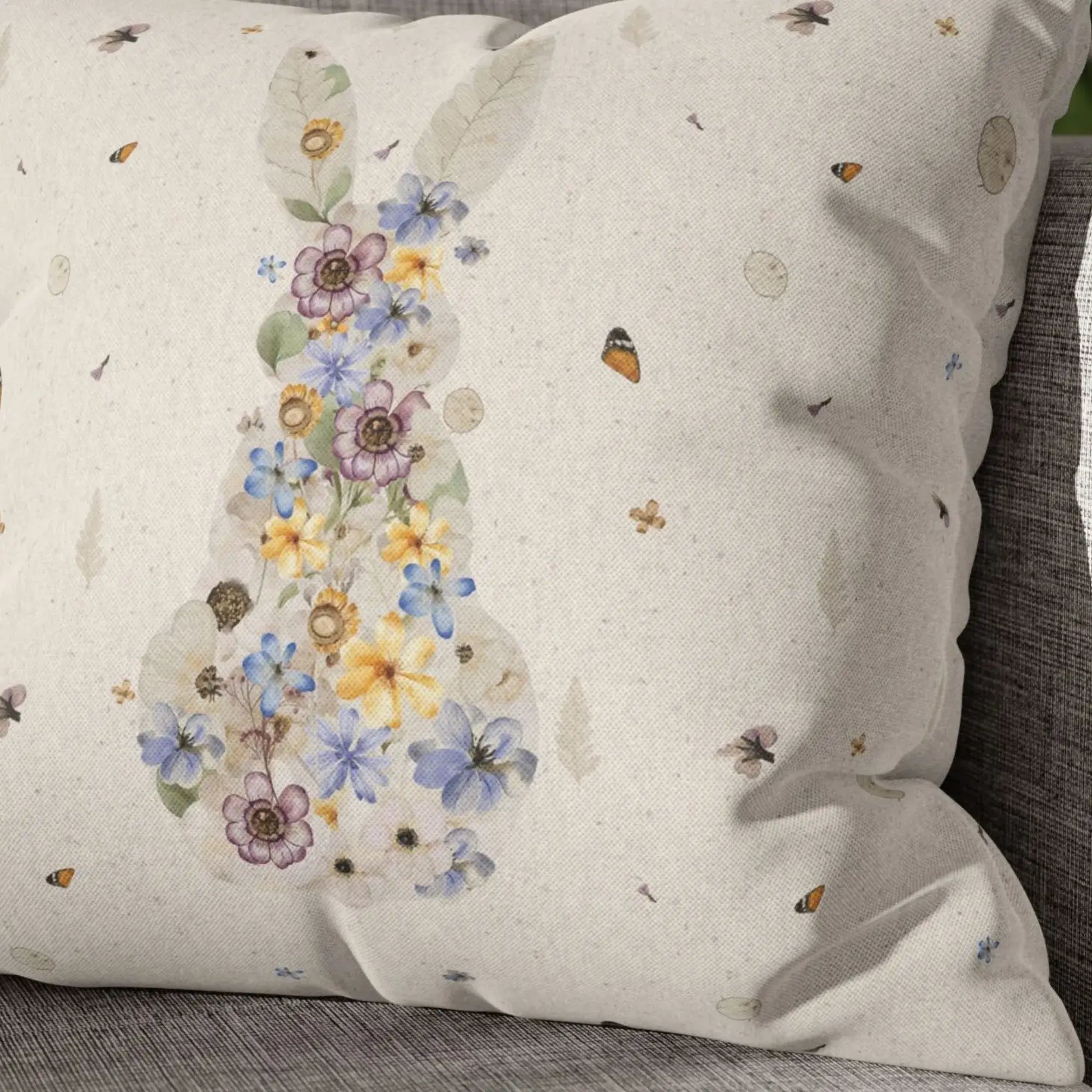 Bunny Pressed Flowers Spring Pillow Cover featuring a delicate bunny silhouette made of watercolor blooms and pressed florals