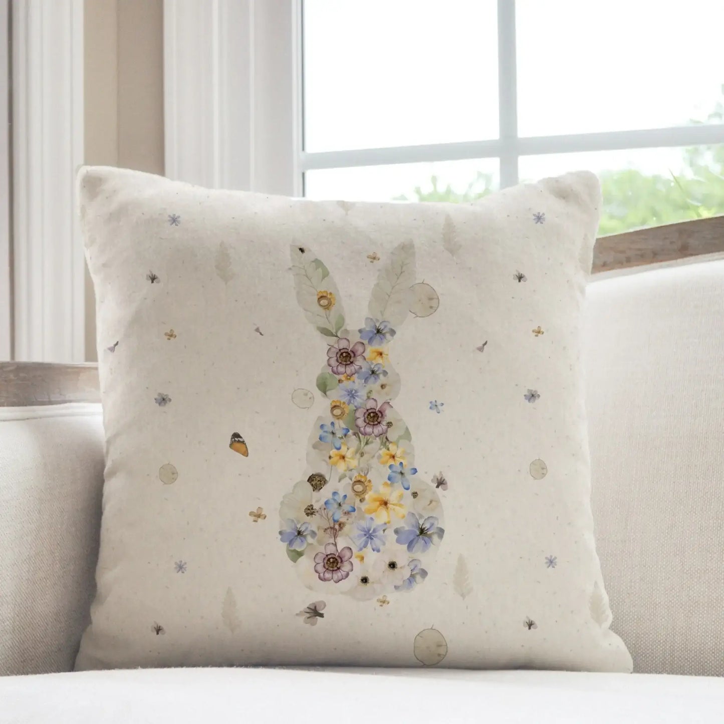 Bunny Pressed Flowers Spring Pillow Cover featuring a floral bunny design on a light background.