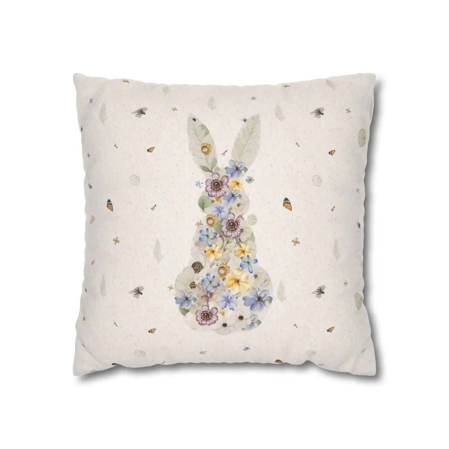 Bunny Pressed Flowers Spring Pillow Cover featuring a bunny silhouette made of colorful pressed flowers.