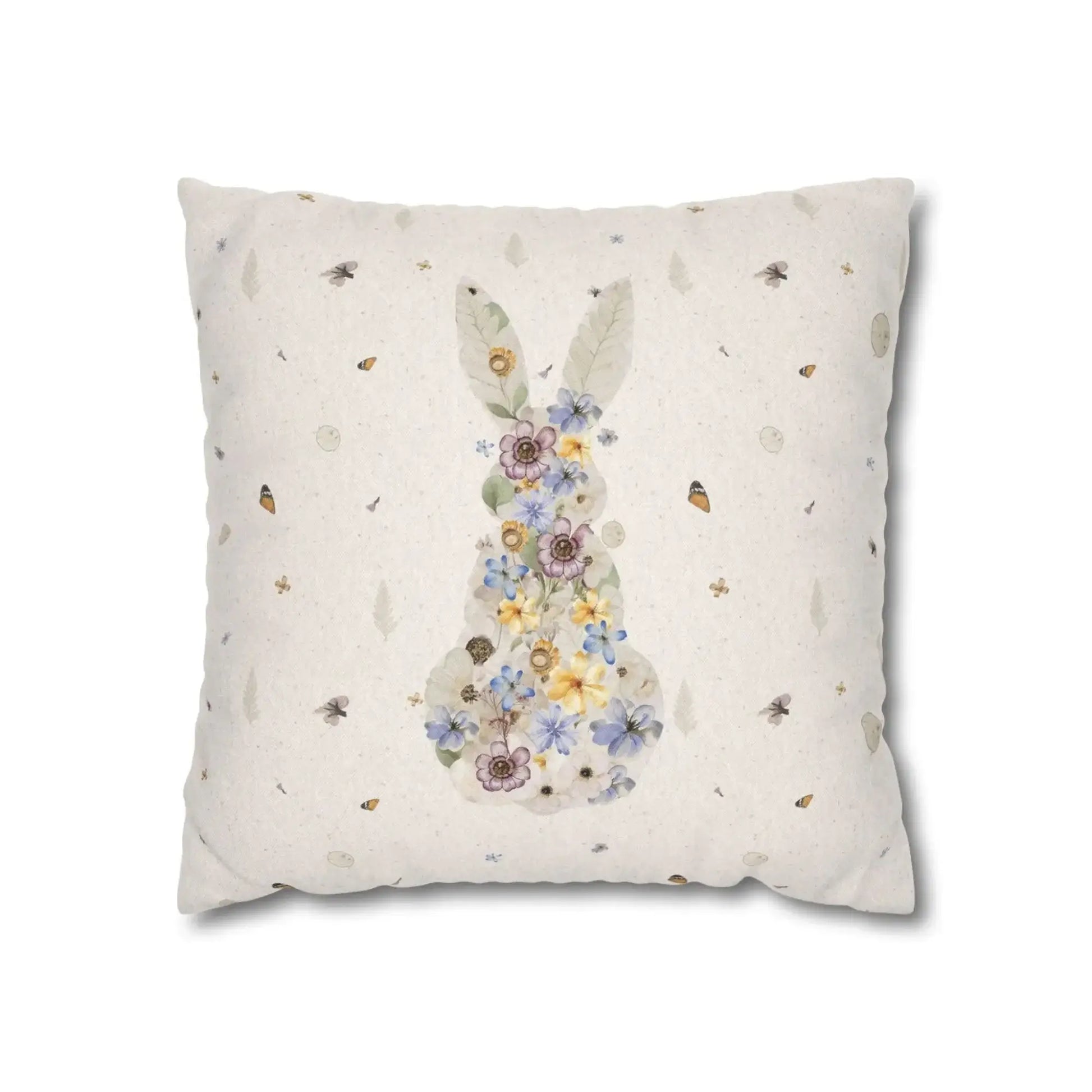 Bunny Pressed Flowers Spring Pillow Cover featuring a bunny silhouette made of colorful pressed flowers.