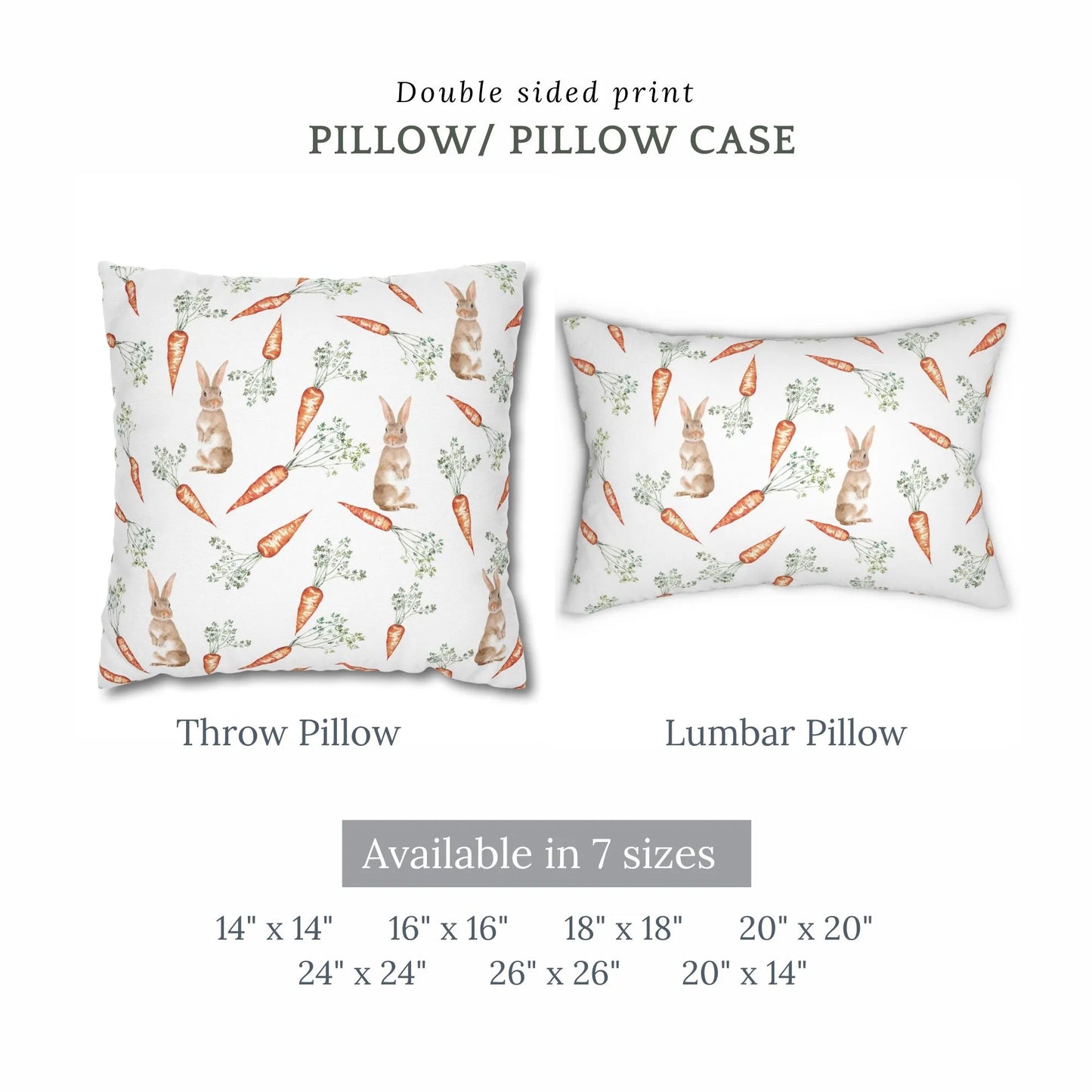 Watercolor bunny and carrot design available as a double-sided throw pillow and lumbar pillow in multiple sizes.
