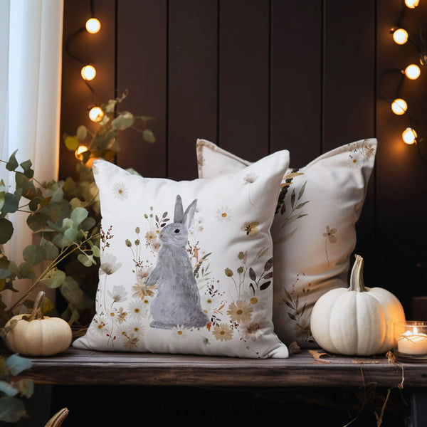 reading corner decorated with Watercolor Bunny and Fall Wildflowers PILLOWS from Blue Water Songs and white pumpkins