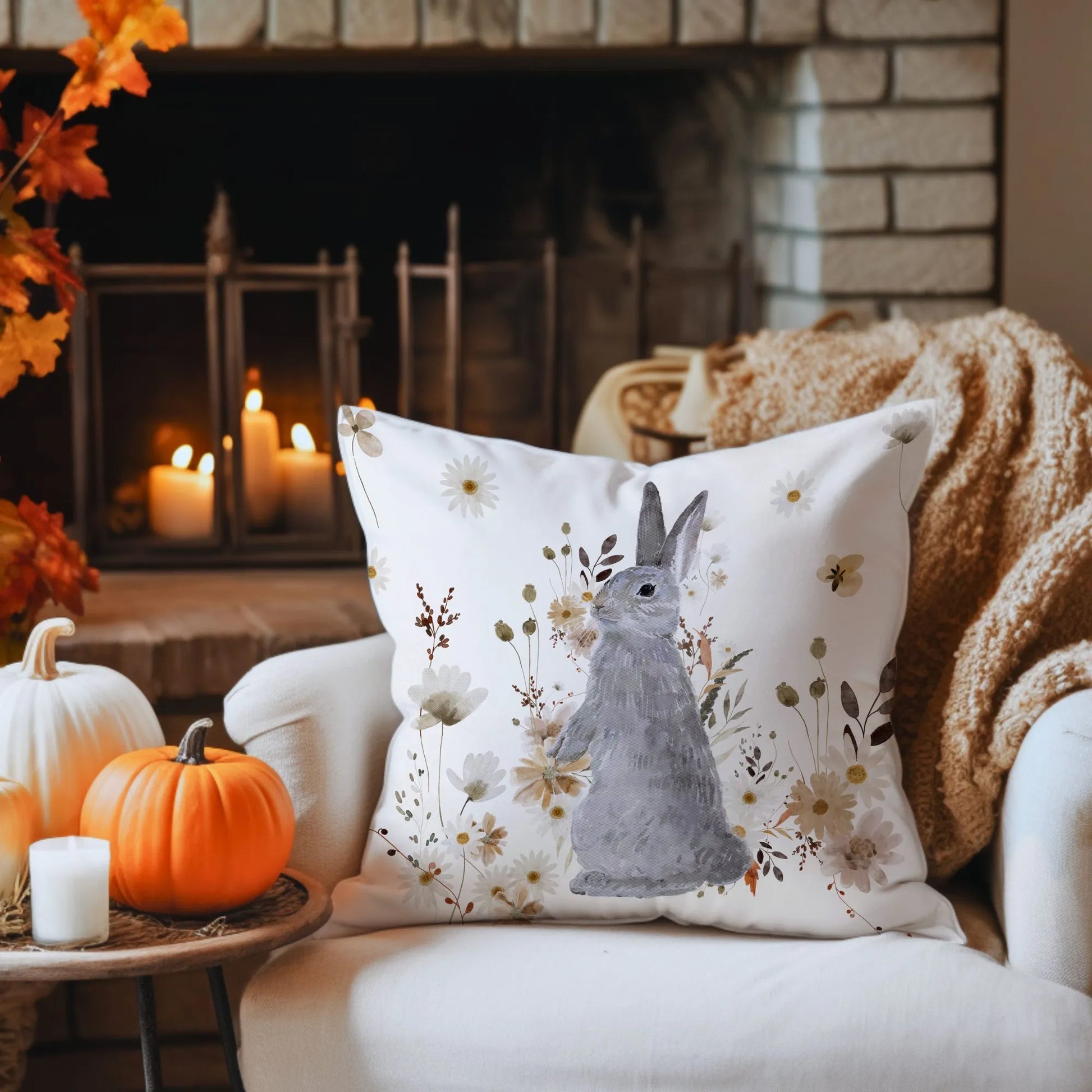 halloween decoration with pumpkin and Watercolor Bunny and Fall Wildflowers PILLOW from Blue Water Songs