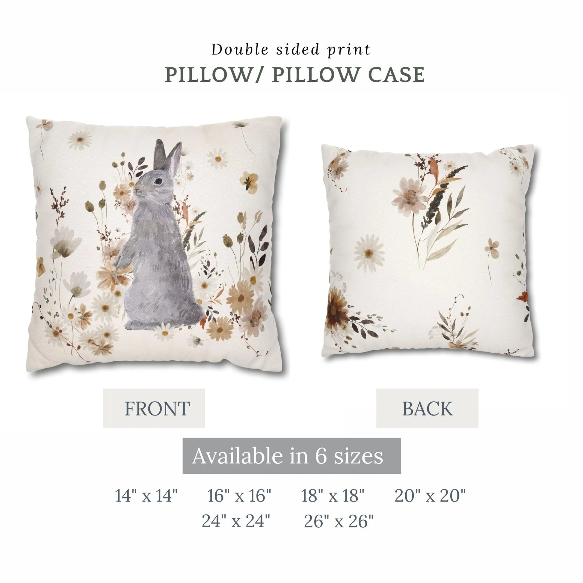 front and back of Watercolor Bunny and Fall Wildflowers PILLOW from Blue Water Songs