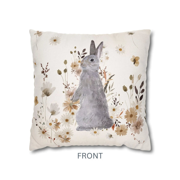 front side of Watercolor Bunny and Fall Wildflowers PILLOW