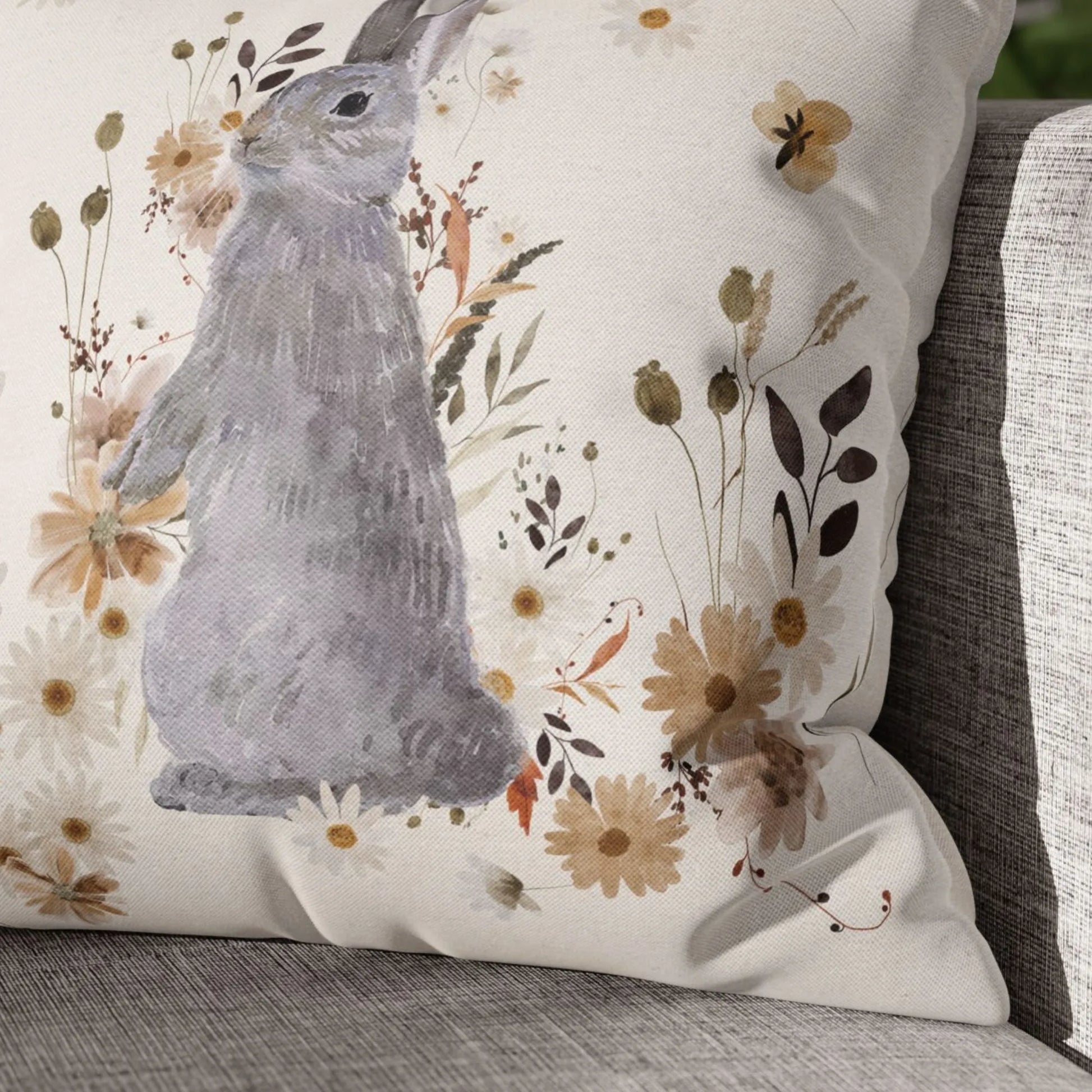 closer up of Watercolor Bunny and Fall Wildflowers PILLOW from Blue Water Songs