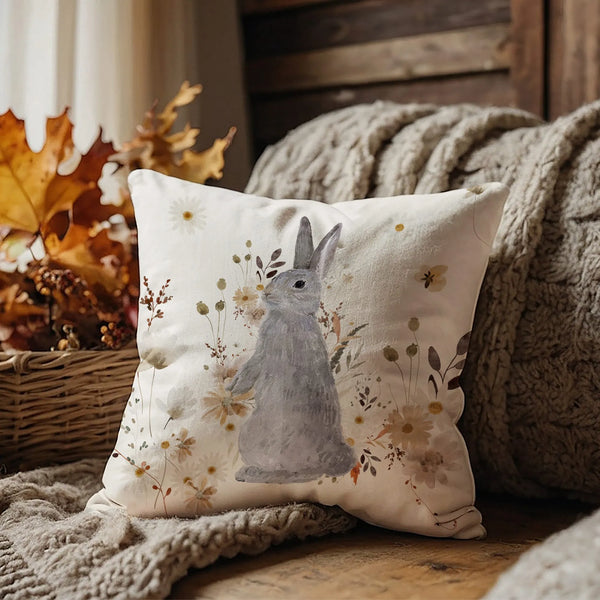 autumn decoration with Watercolor Bunny and Fall Wildflowers pillow from Blue Water Songs and grey blanket