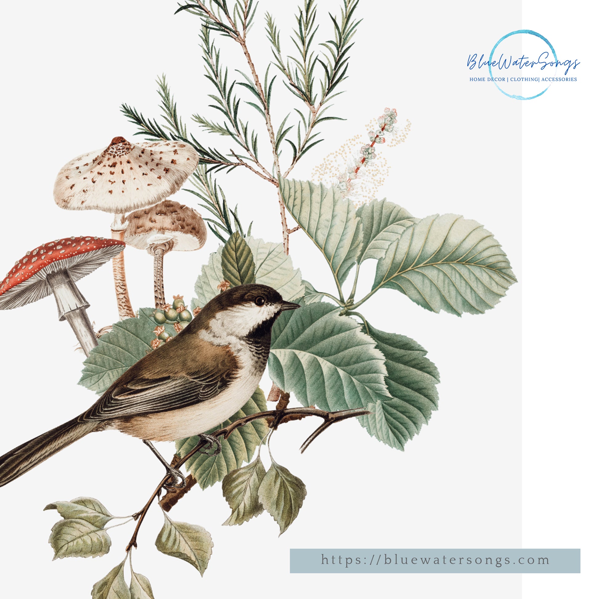 Birds Mushrooms Botanical Vintage Art Print - DIGITAL DOWNLOAD - WOODLAND 2