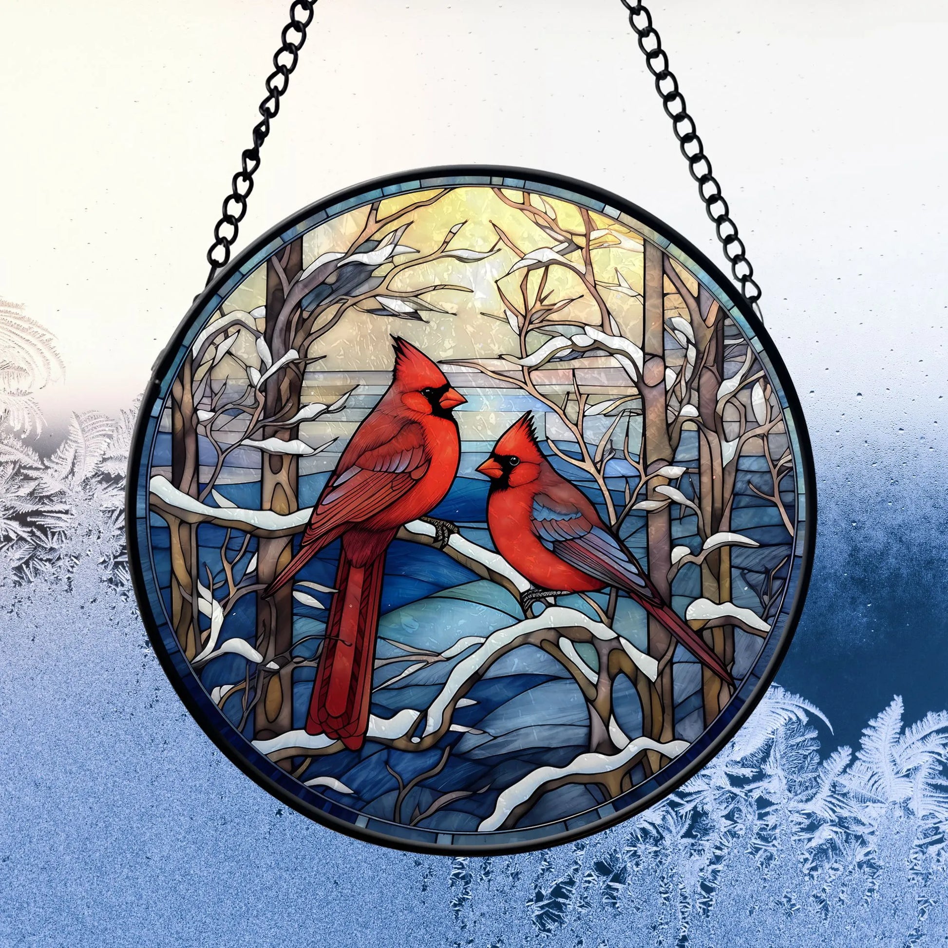 Red Cardinal Round Stained Glass Ornament from Blue Water Songs on frozen window