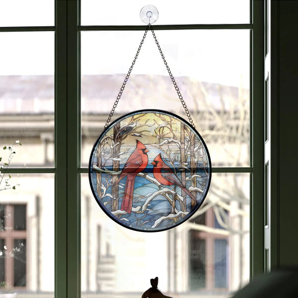 Red Cardinal Round Stained Glass Christmas Ornament from Blue Water Songs hanging on window 