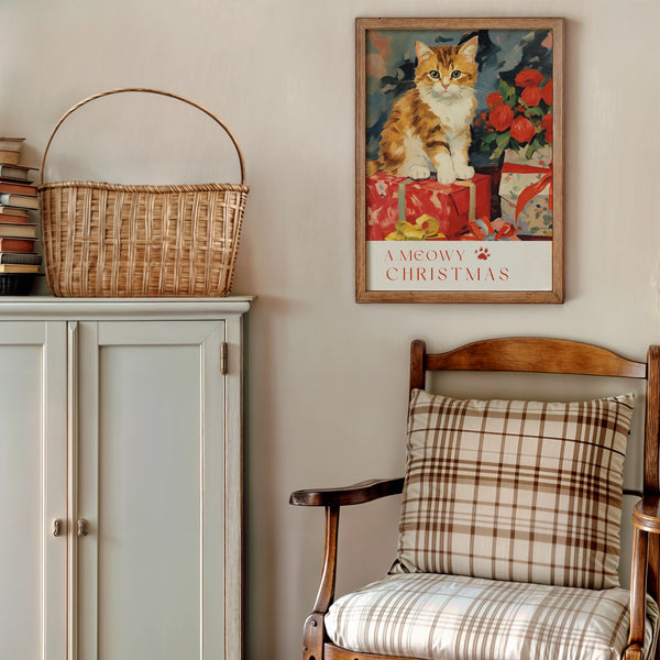 retro cat poster hanging on wall for christmas decoration