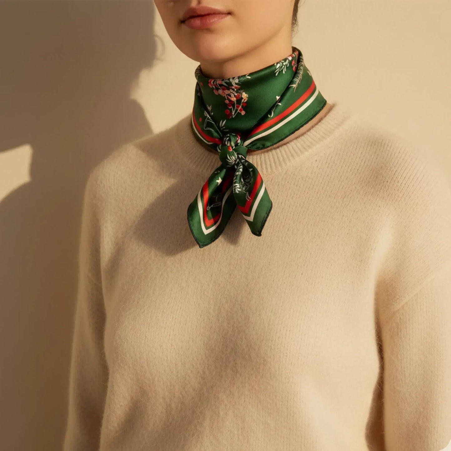 Christmas botanical silk scarf featuring pine and red berry print, styled with a clean knot. quiet luxury style 