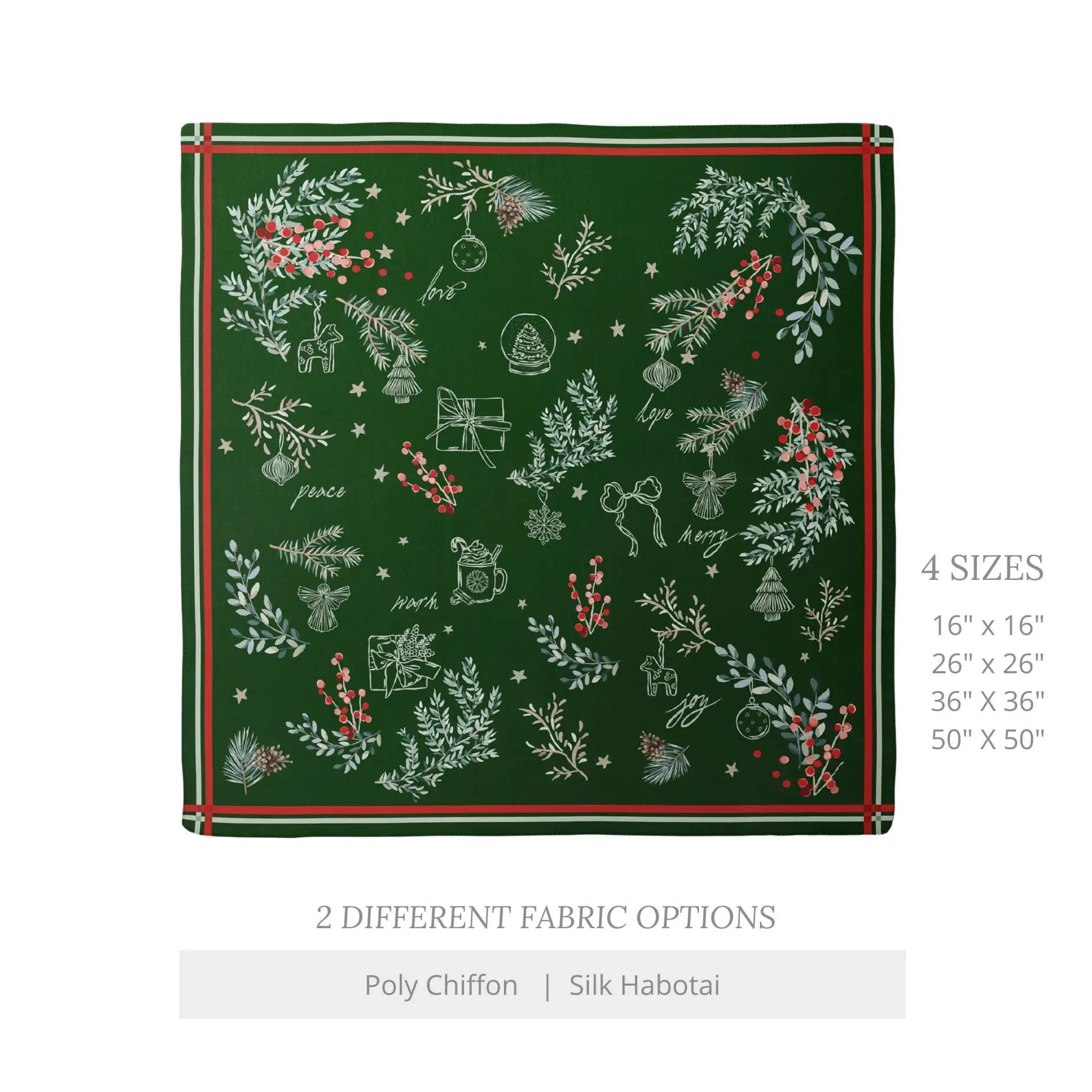 Christmas botanical silk scarf featuring pine and red berry print on a deep forest-green background.