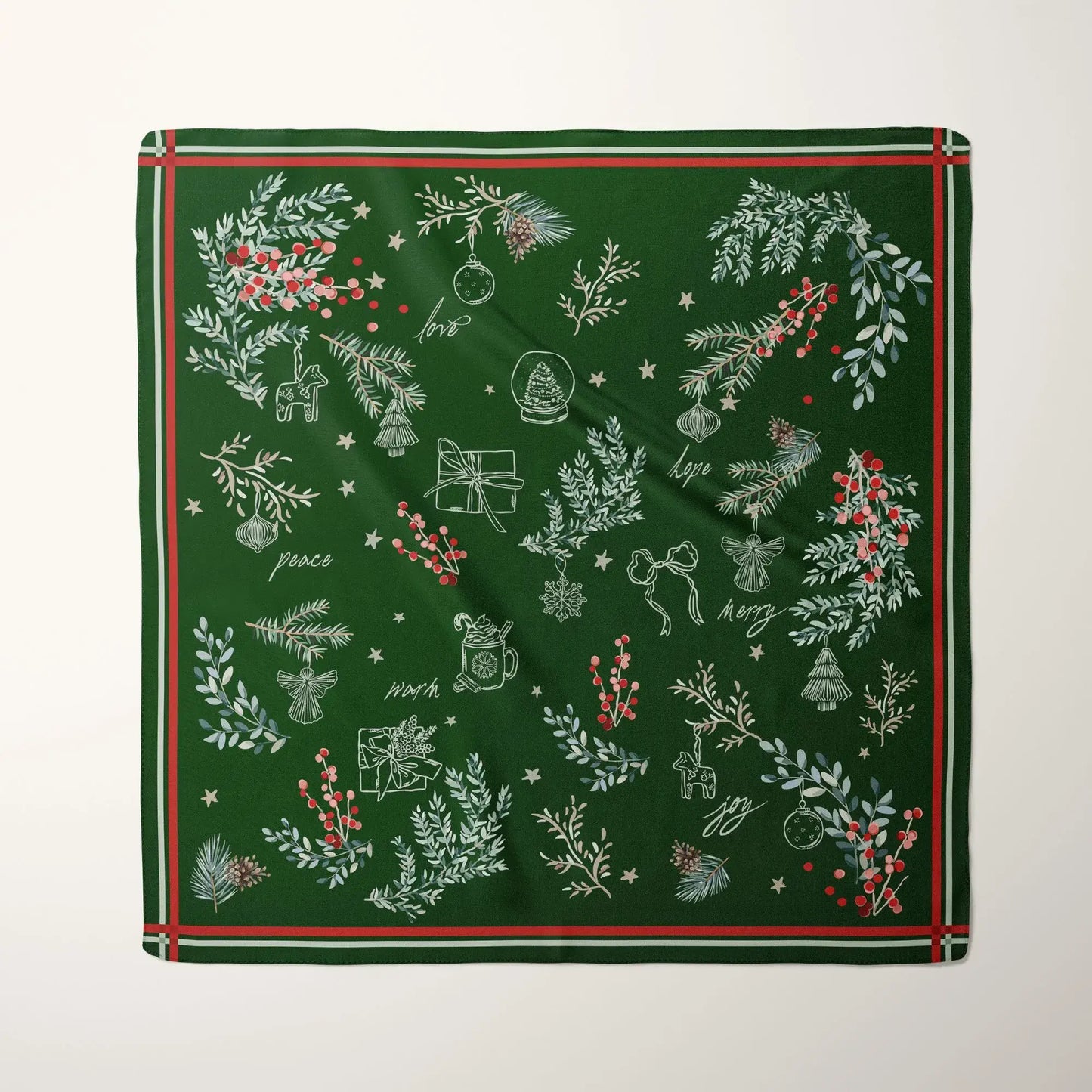 Christmas botanical silk scarf featuring hand-drawn pine branches and red berries on a forest-green background.