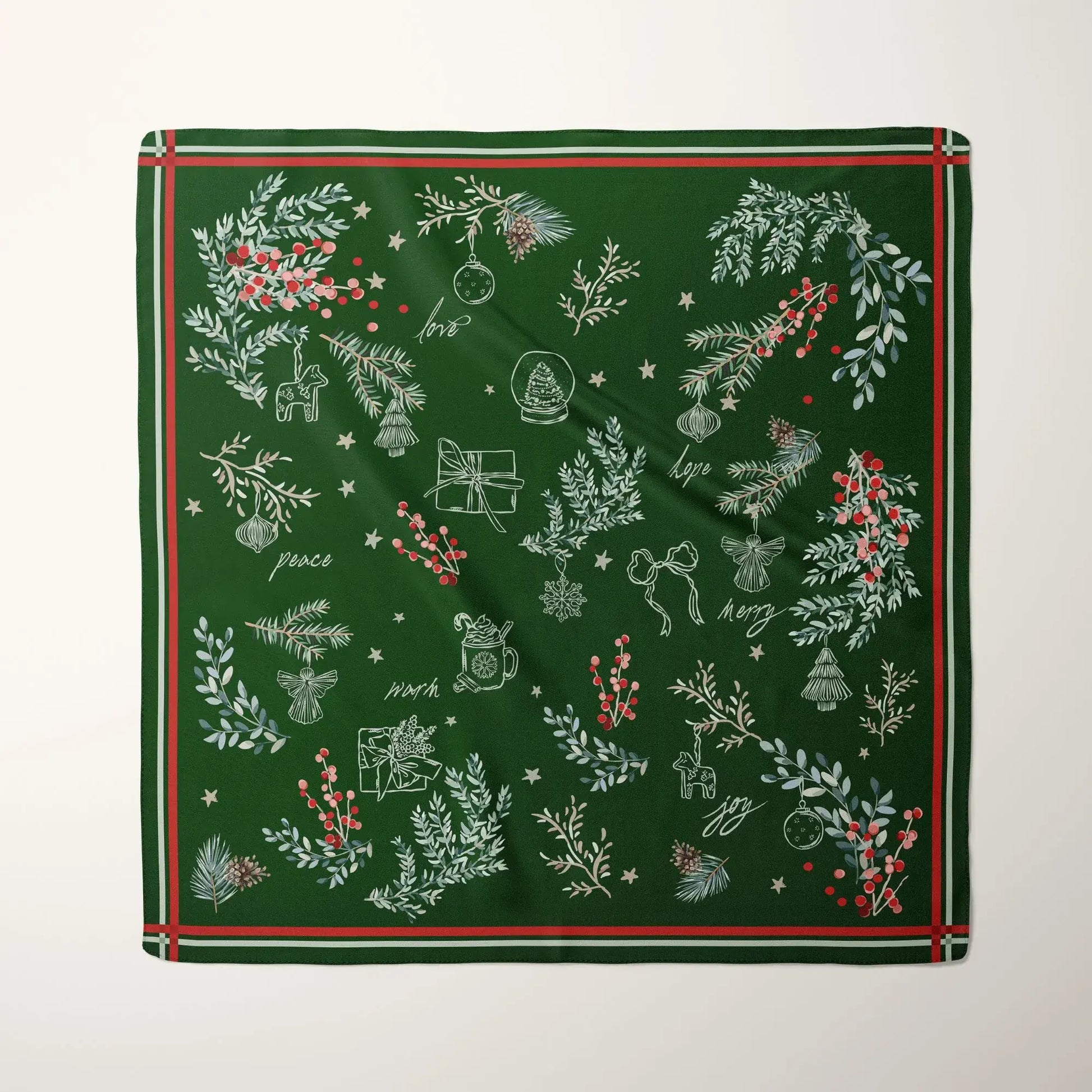 Christmas botanical silk scarf featuring hand-drawn pine branches and red berries on a forest-green background.