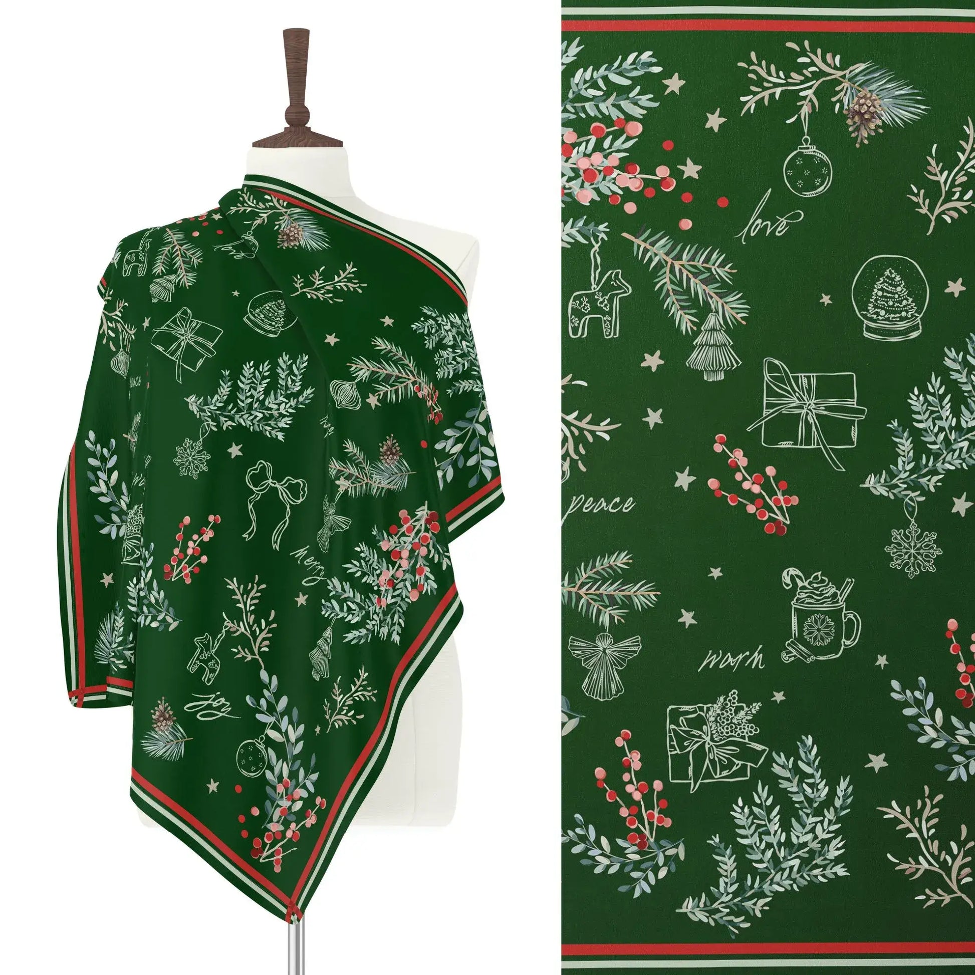 Christmas botanical silk scarf featuring pine and red berry print on deep green background.