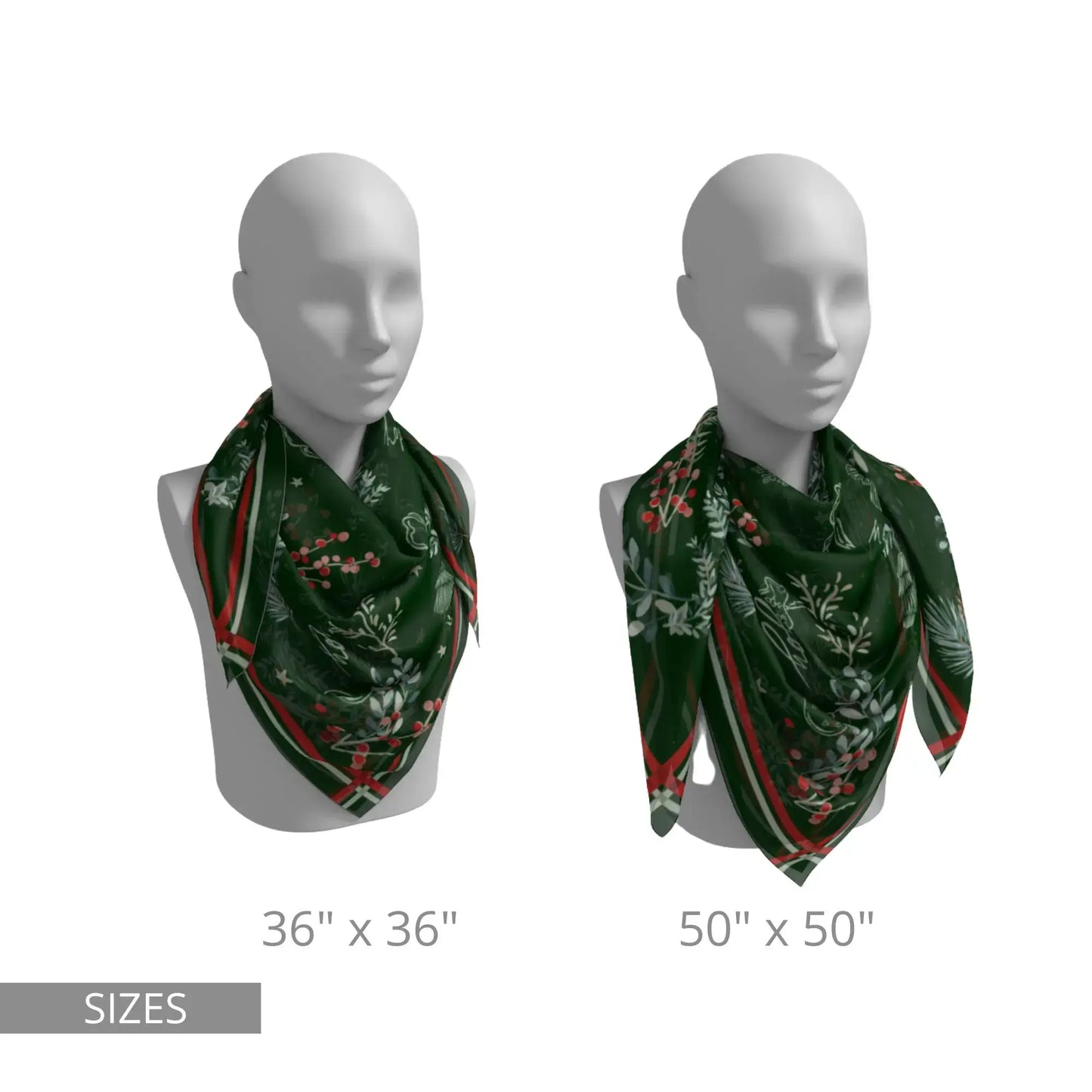 Christmas botanical silk scarf displayed in two sizes, featuring a pine and red berry print on a deep green background.