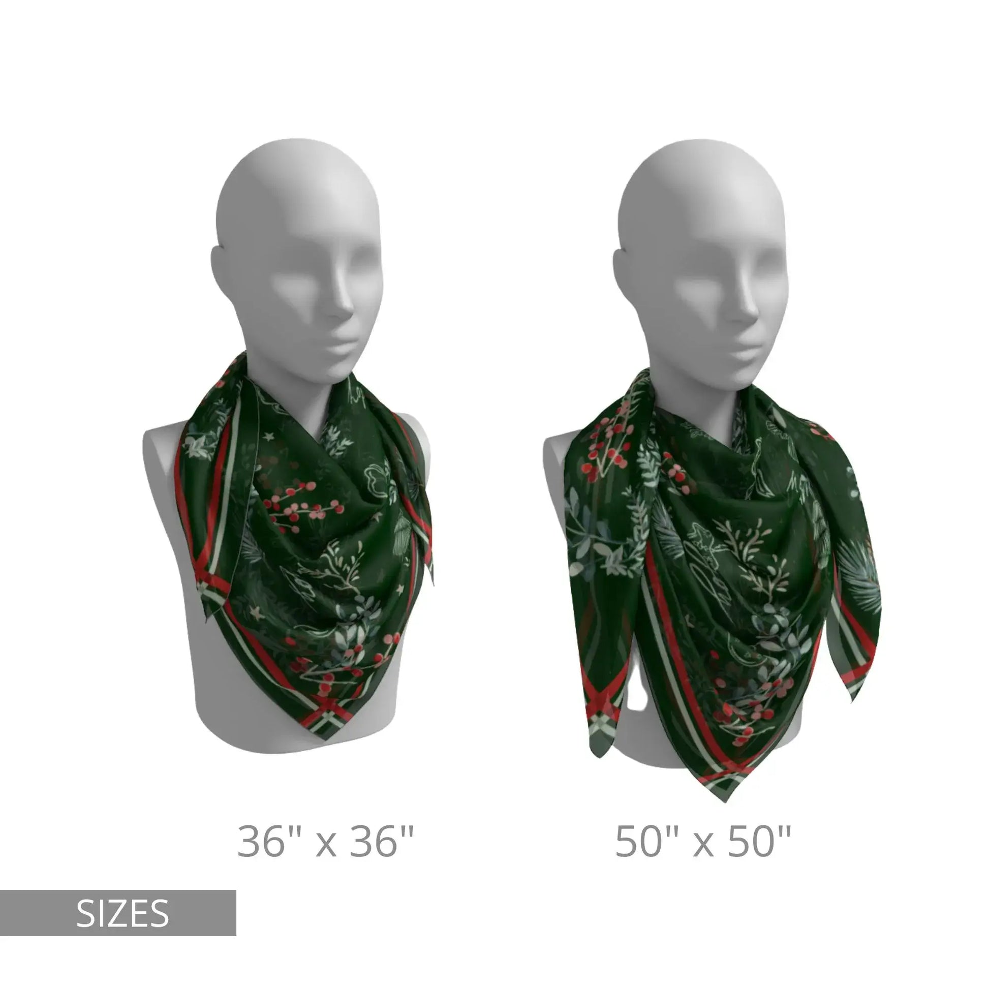 Christmas botanical silk scarf displayed in two sizes, featuring a pine and red berry print on a deep green background.