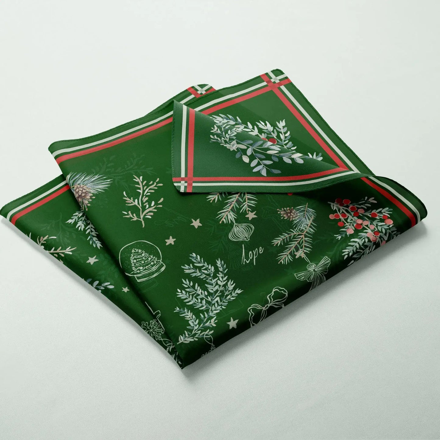 Christmas botanical silk scarf featuring pine and red berry print on a deep forest-green background. gift for elegant nature lover