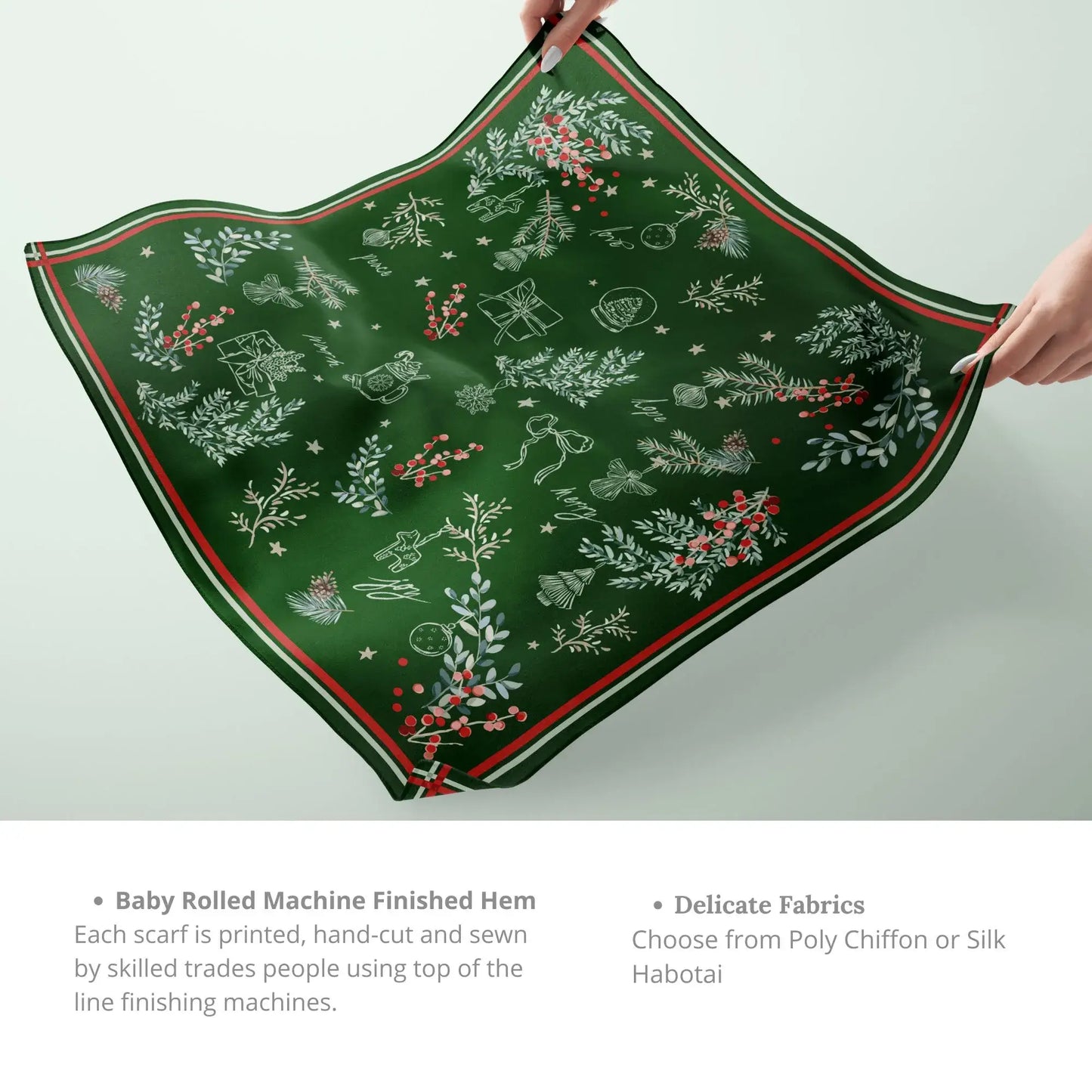 Christmas botanical silk scarf featuring pine and red berry print on a deep forest-green background with a festive border.