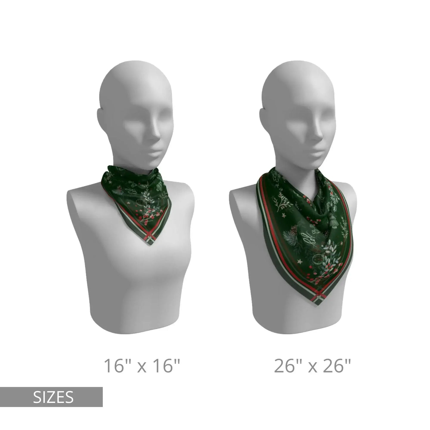 Christmas botanical silk scarf displayed in two sizes, featuring pine and red berry print on a forest-green background.