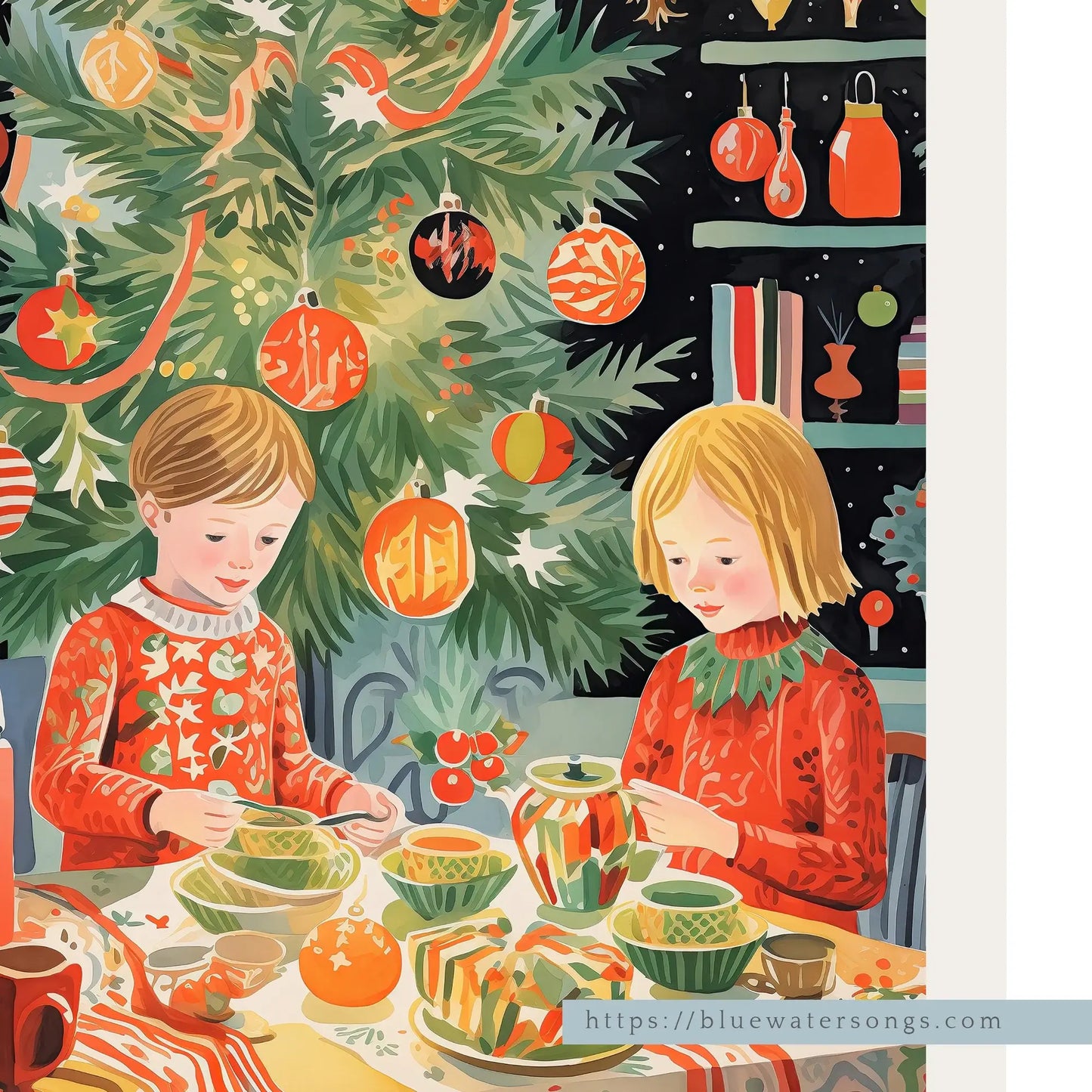 Christmas In Our Heart Print Art featuring two children by a Christmas tree enjoying a festive winter scene.
