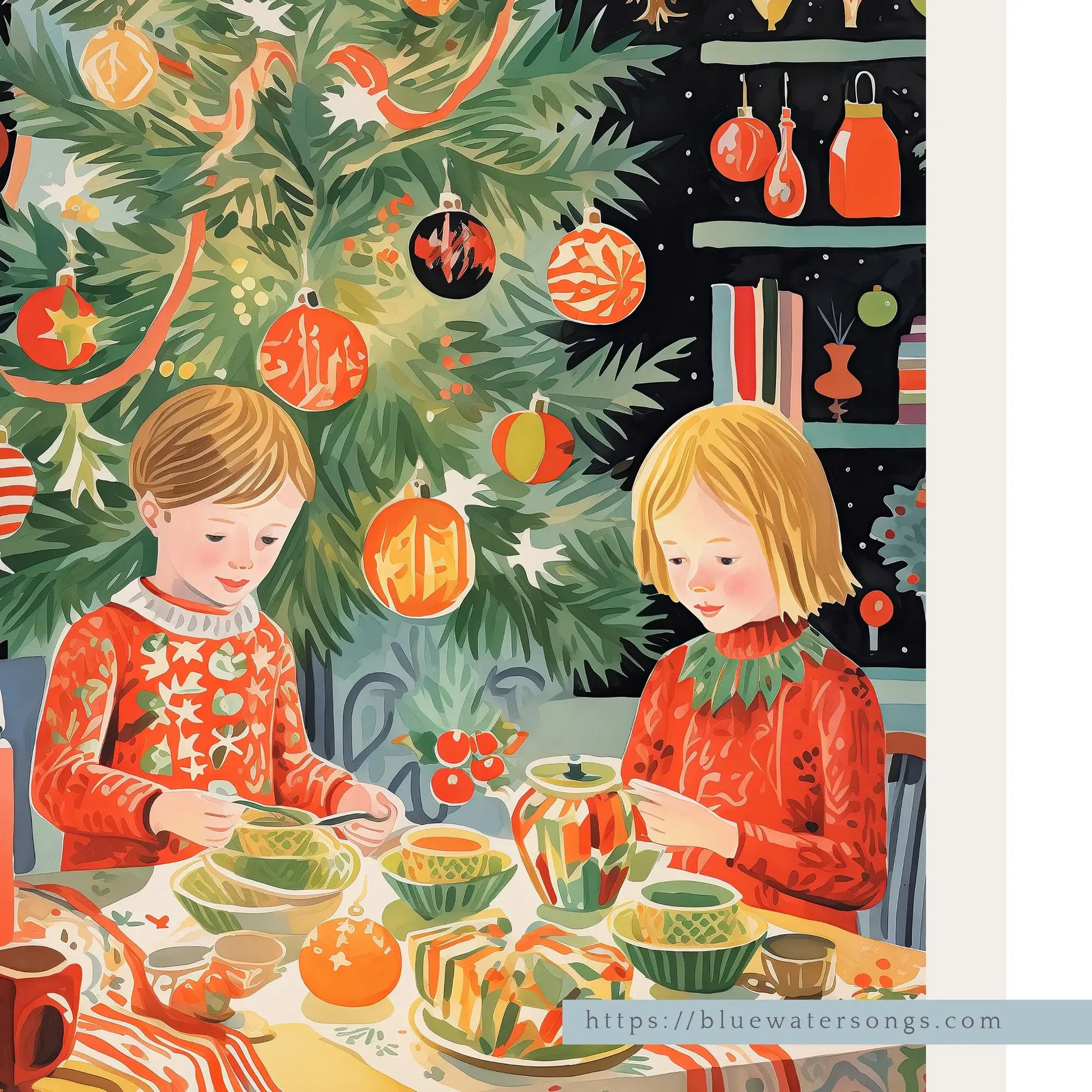 Christmas In Our Heart Print Art featuring two children by a Christmas tree enjoying a festive winter scene.