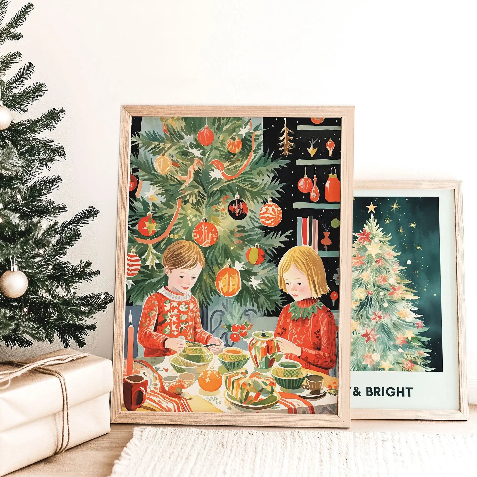 Christmas In Our Heart Print Art featuring two children celebrating by the Christmas tree with festive decorations.