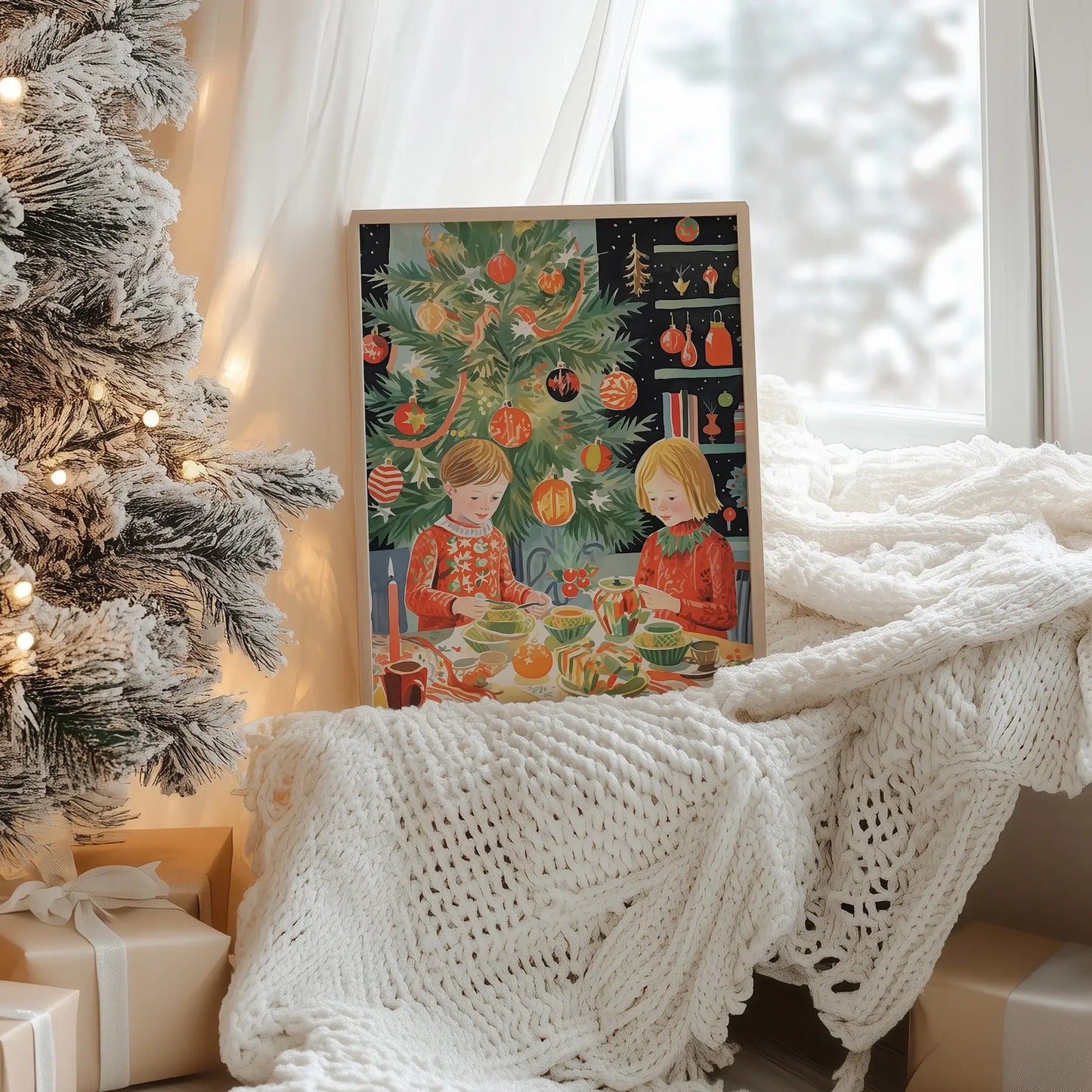 Christmas In Our Heart Print Art featuring two children near a decorated Christmas tree, capturing festive joy.
