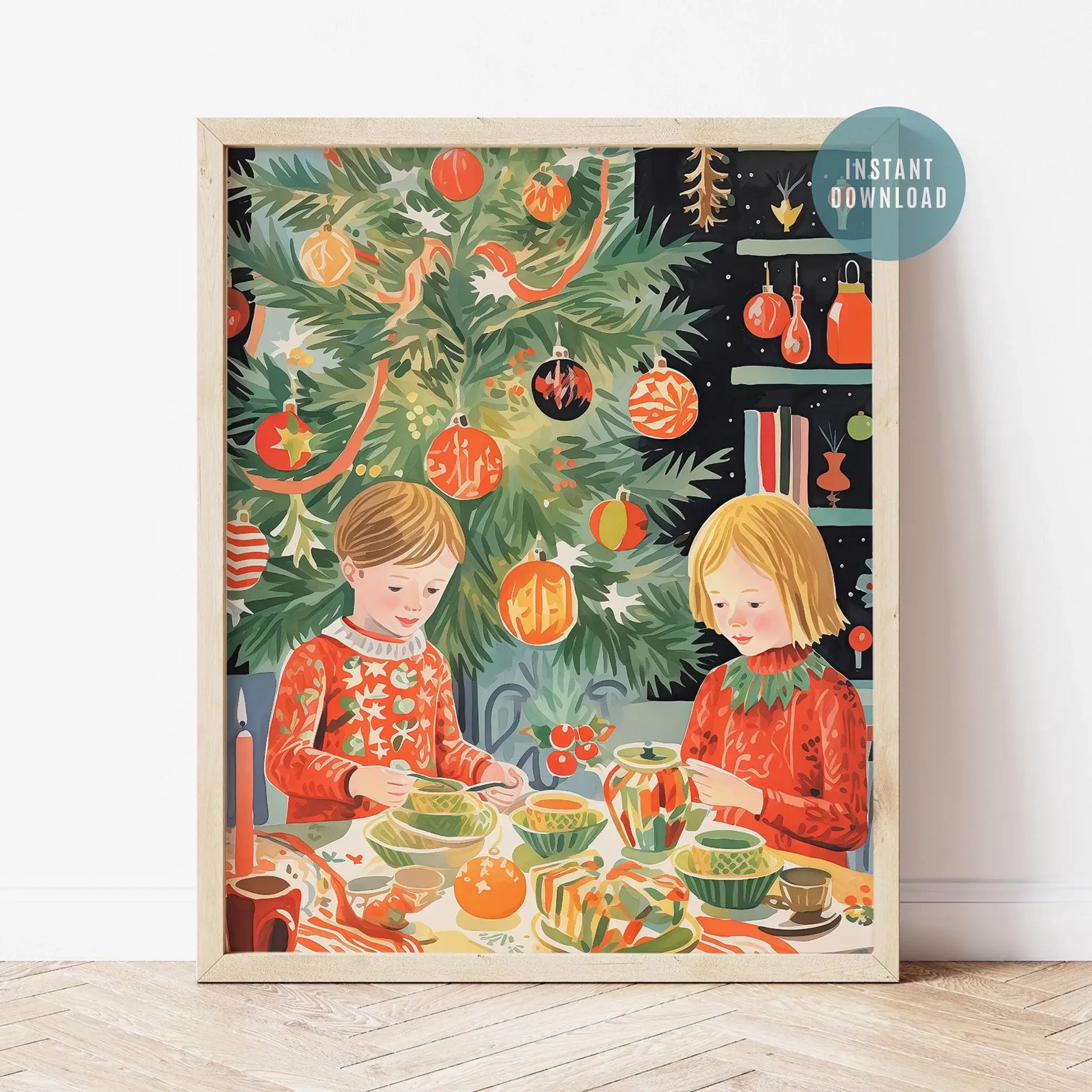Christmas In Our Heart Print Art featuring children by a Christmas tree, creating a joyful festive scene.