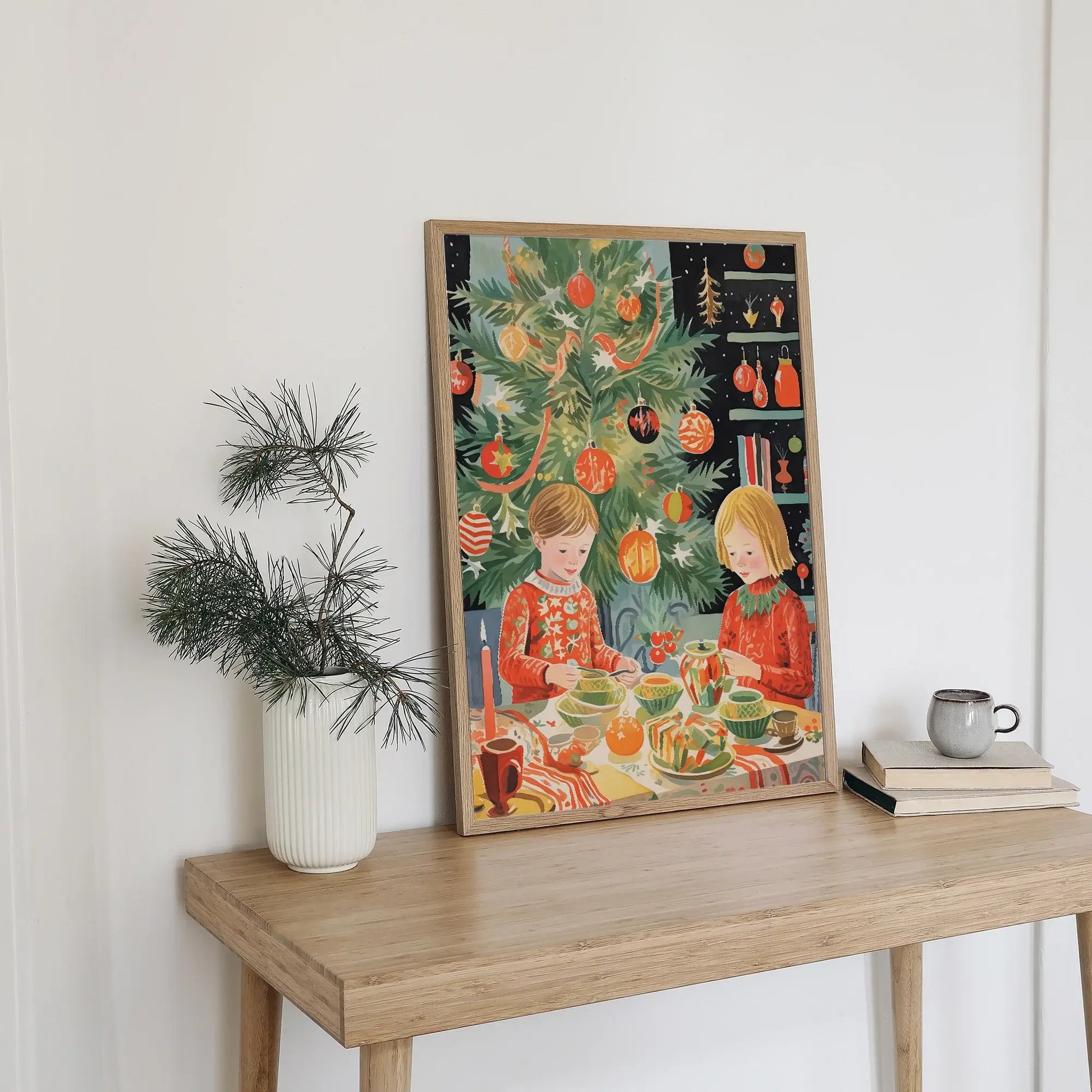 Christmas In Our Heart Print Art featuring two children by a Christmas tree with festive decor.