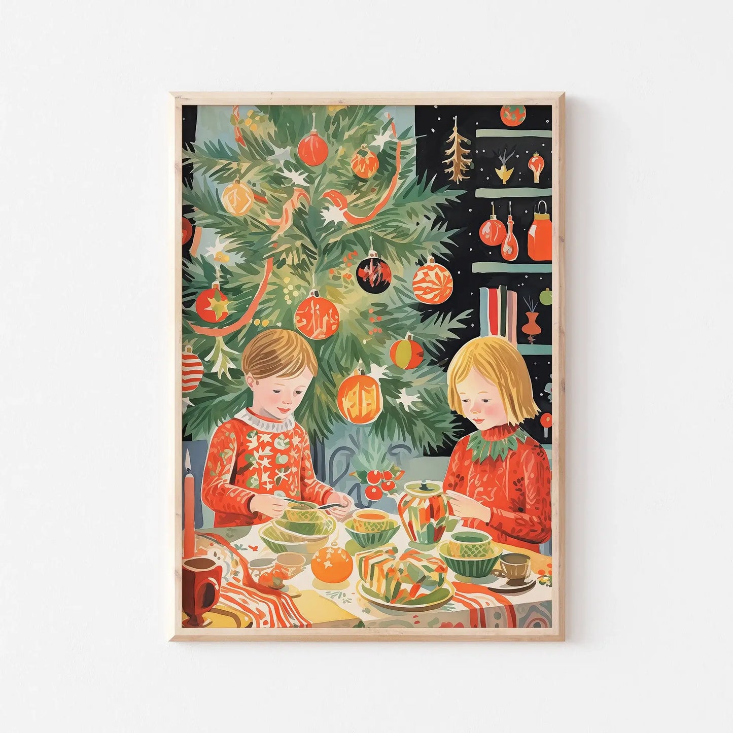Christmas In Our Heart Print Art featuring two children celebrating by a decorated Christmas tree.