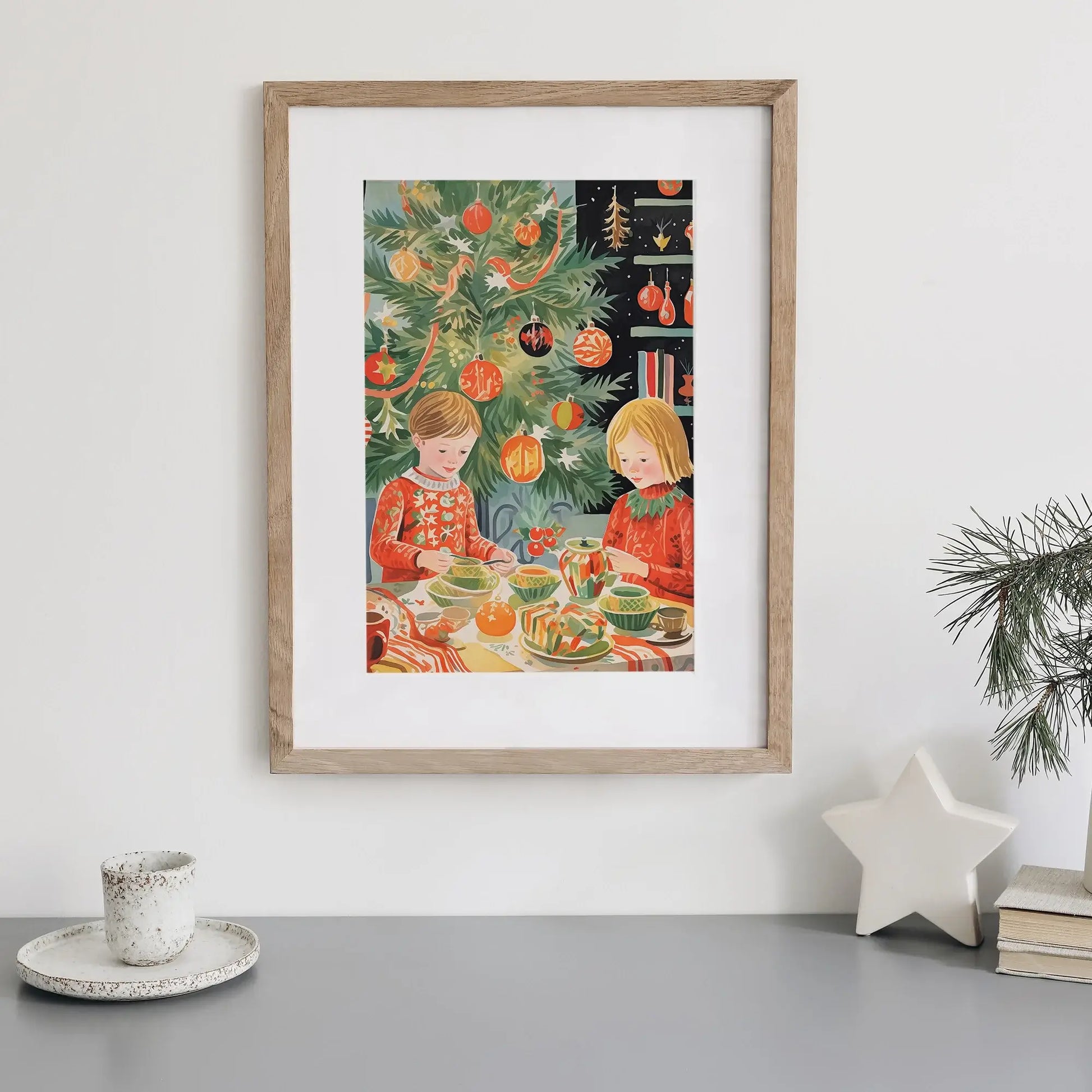 Christmas In Our Heart Print Art featuring two children by a Christmas tree enjoying a festive scene.