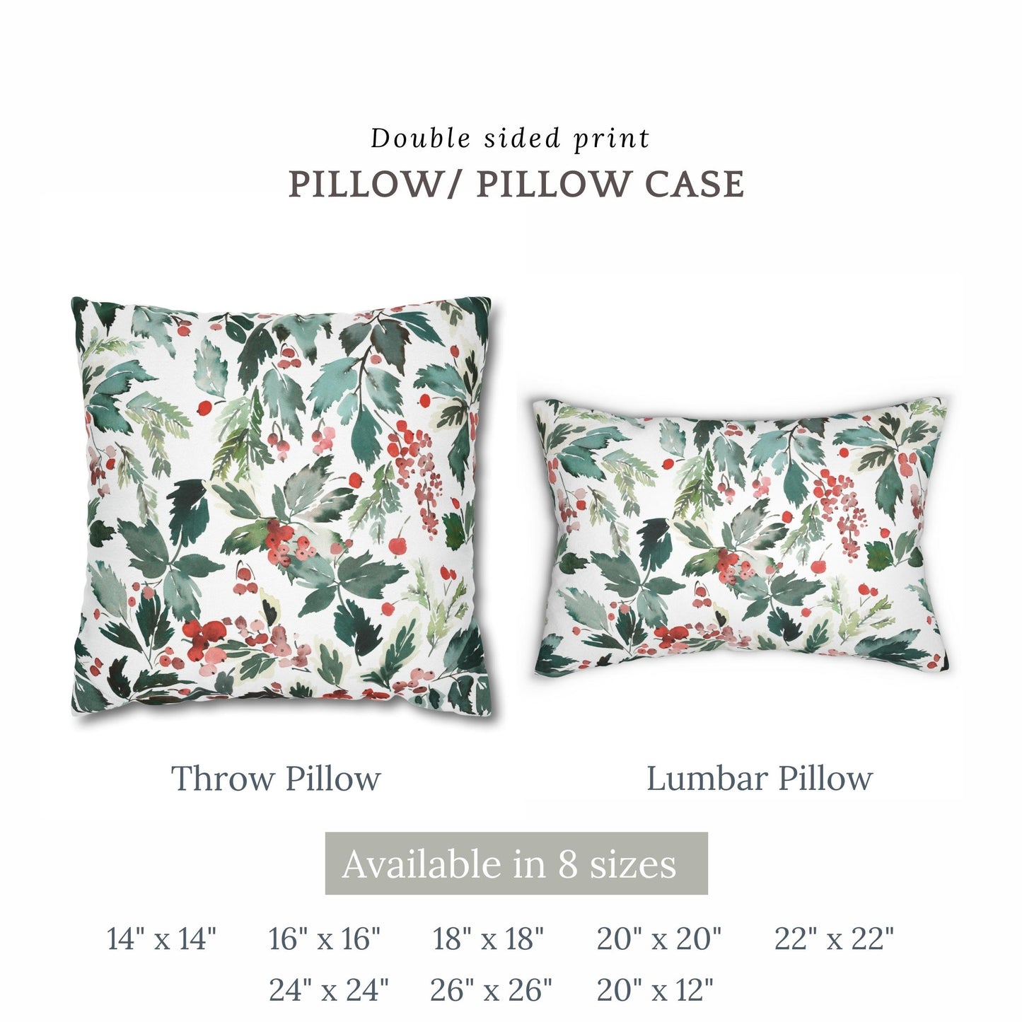 Christmas pillow and lumbar pillow with watercolor berry and spruce print – double-sided, available in 8 sizes