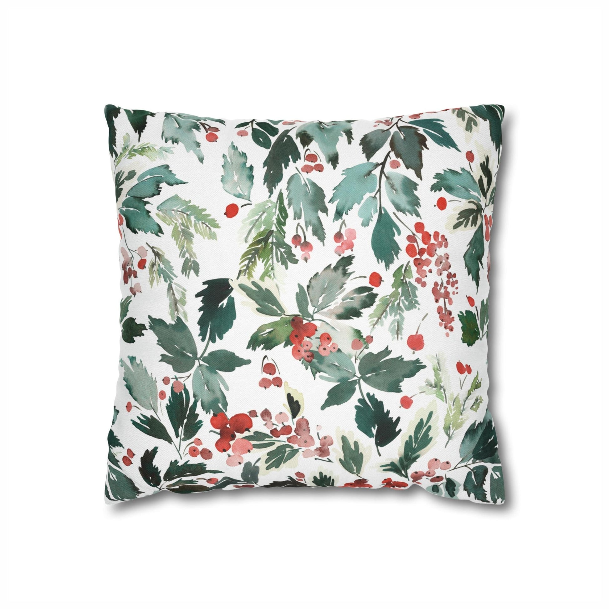 Watercolor Christmas pillow with holly and berries – festive green and red winter botanical print