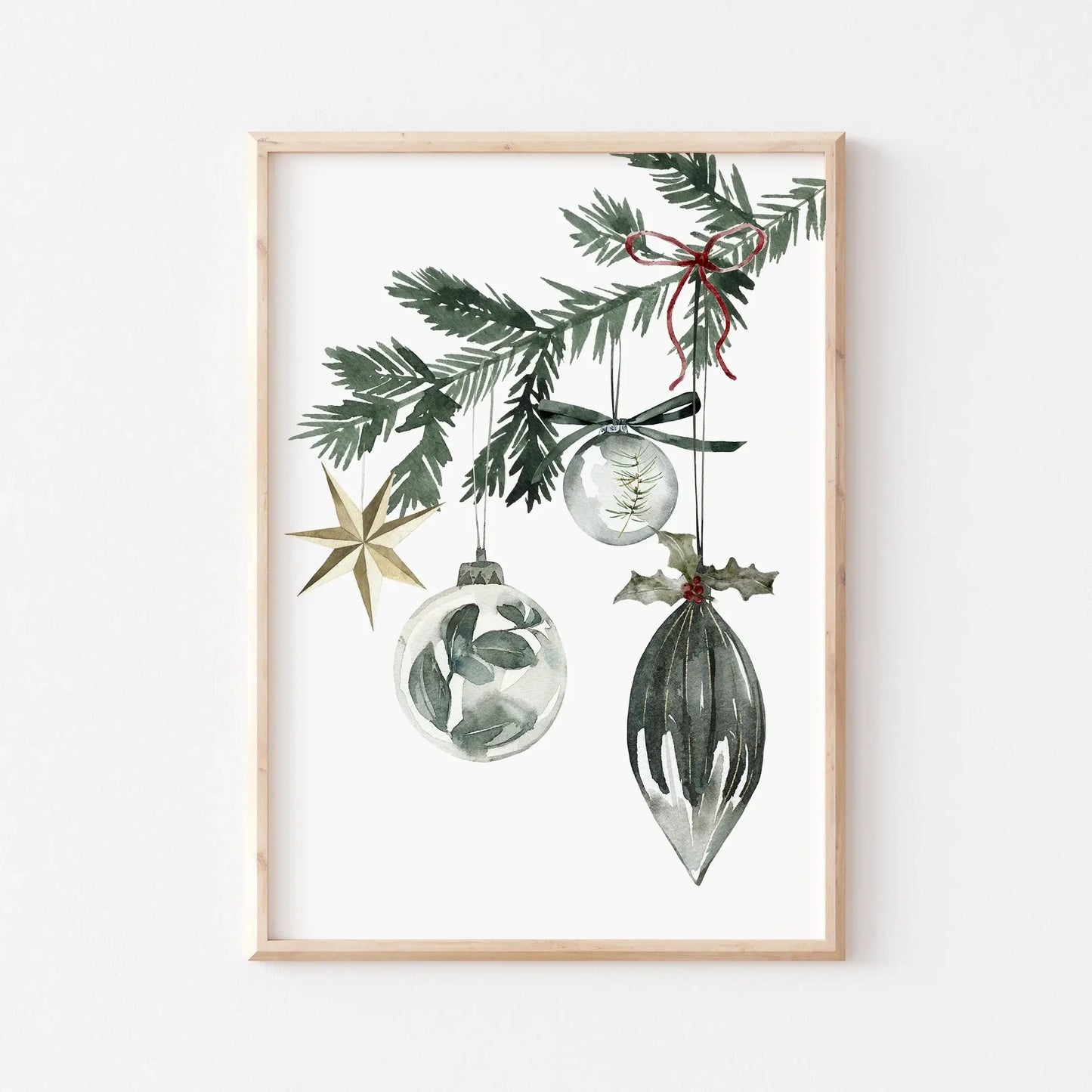 Christmas Prints Set of 4 featuring holiday ornaments and greenery in a cozy festive design.