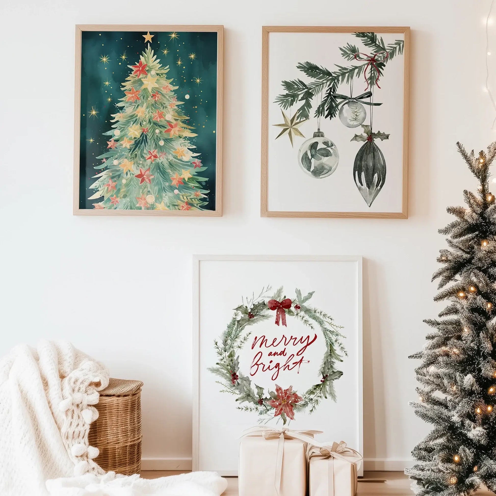 Christmas Prints Set of 4 displayed in cozy winter decor with holiday scenes and festive elements.