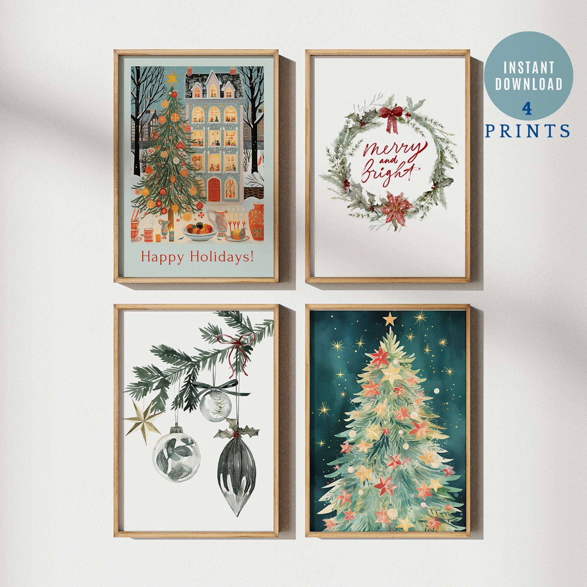 Christmas Prints Set of 4 featuring festive holiday scenes and cheerful illustrations for seasonal decor.