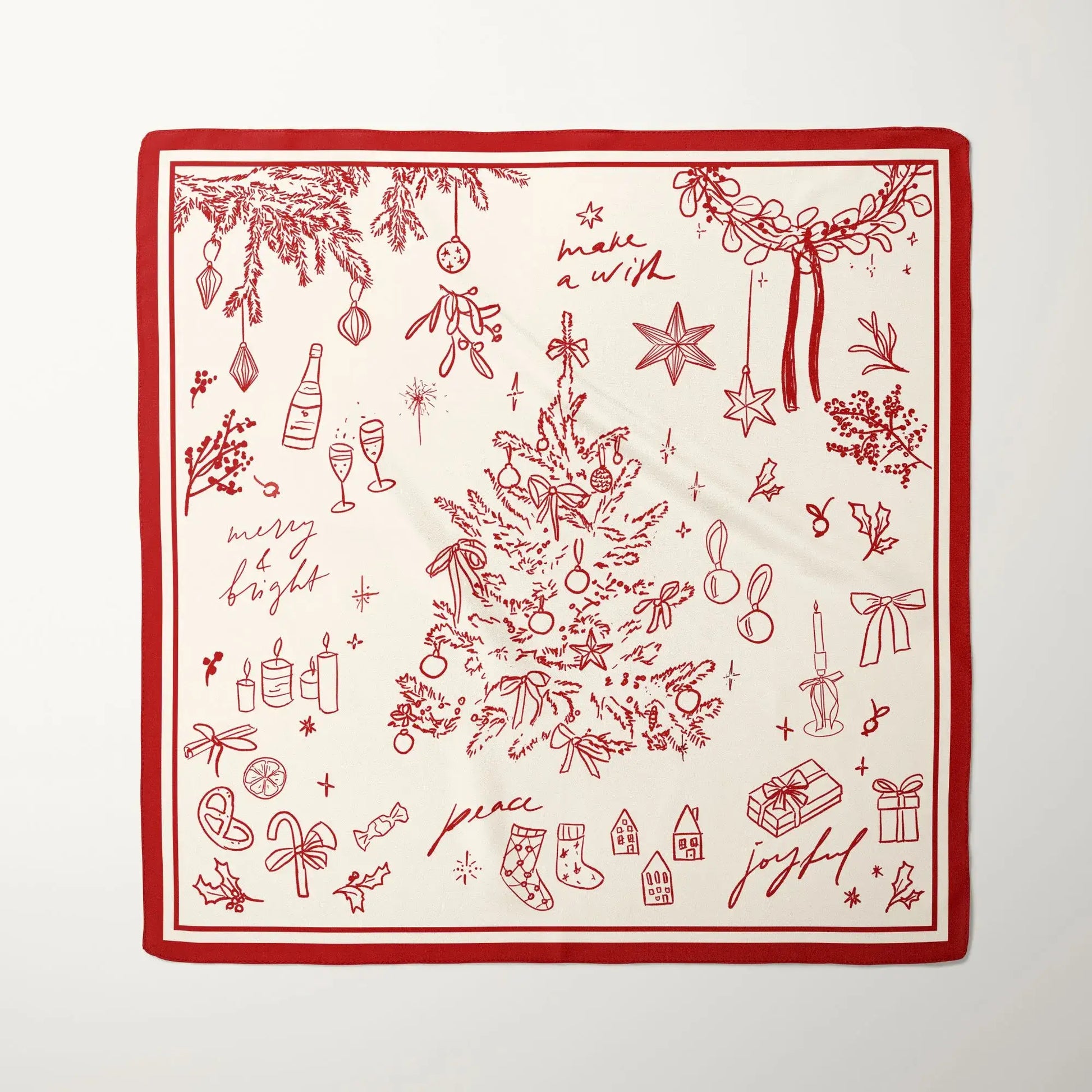 Christmas Silk Scarf “Make a Wish” with hand-drawn holiday design. 