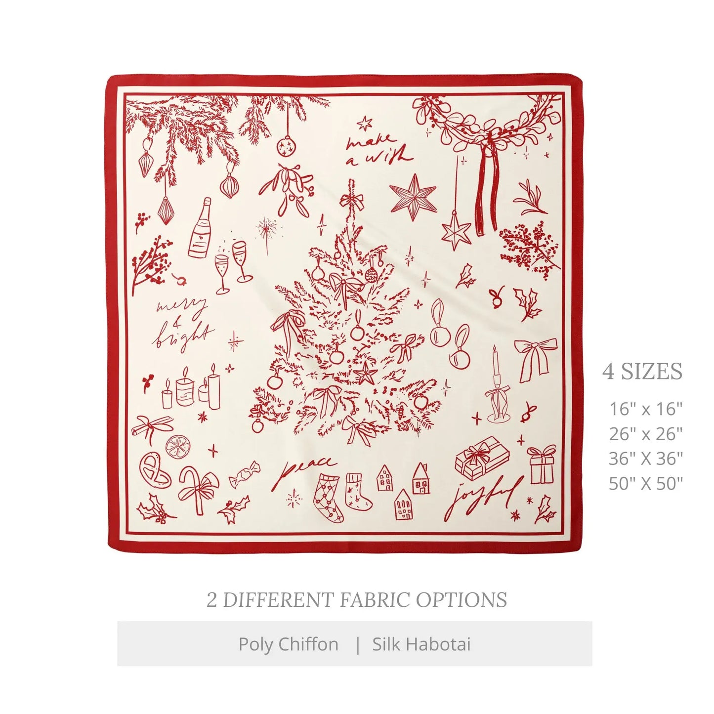 Red Christmas Silk Scarf ‘Make a Wish’ with hand-drawn festive tree and holiday illustrations on ivory background.