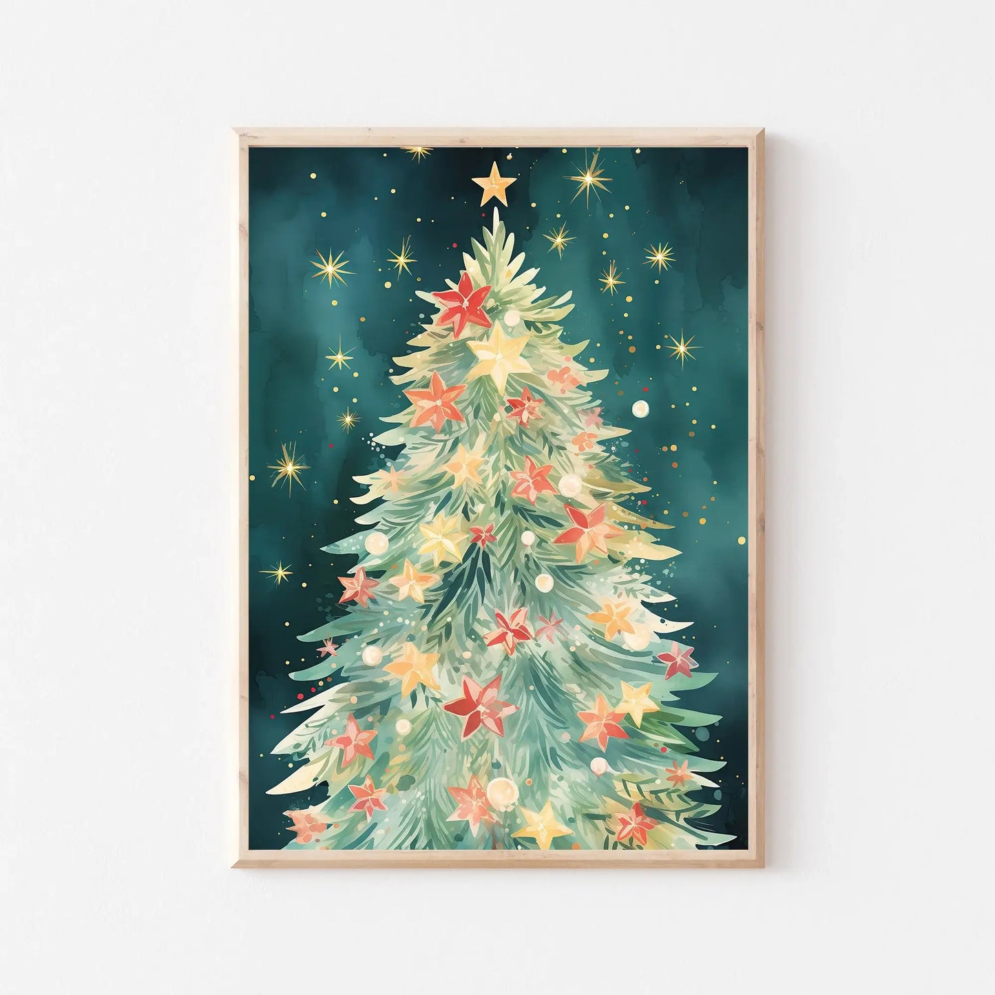Christmas Prints Set of 4 featuring a decorated Christmas tree with stars and festive colors.