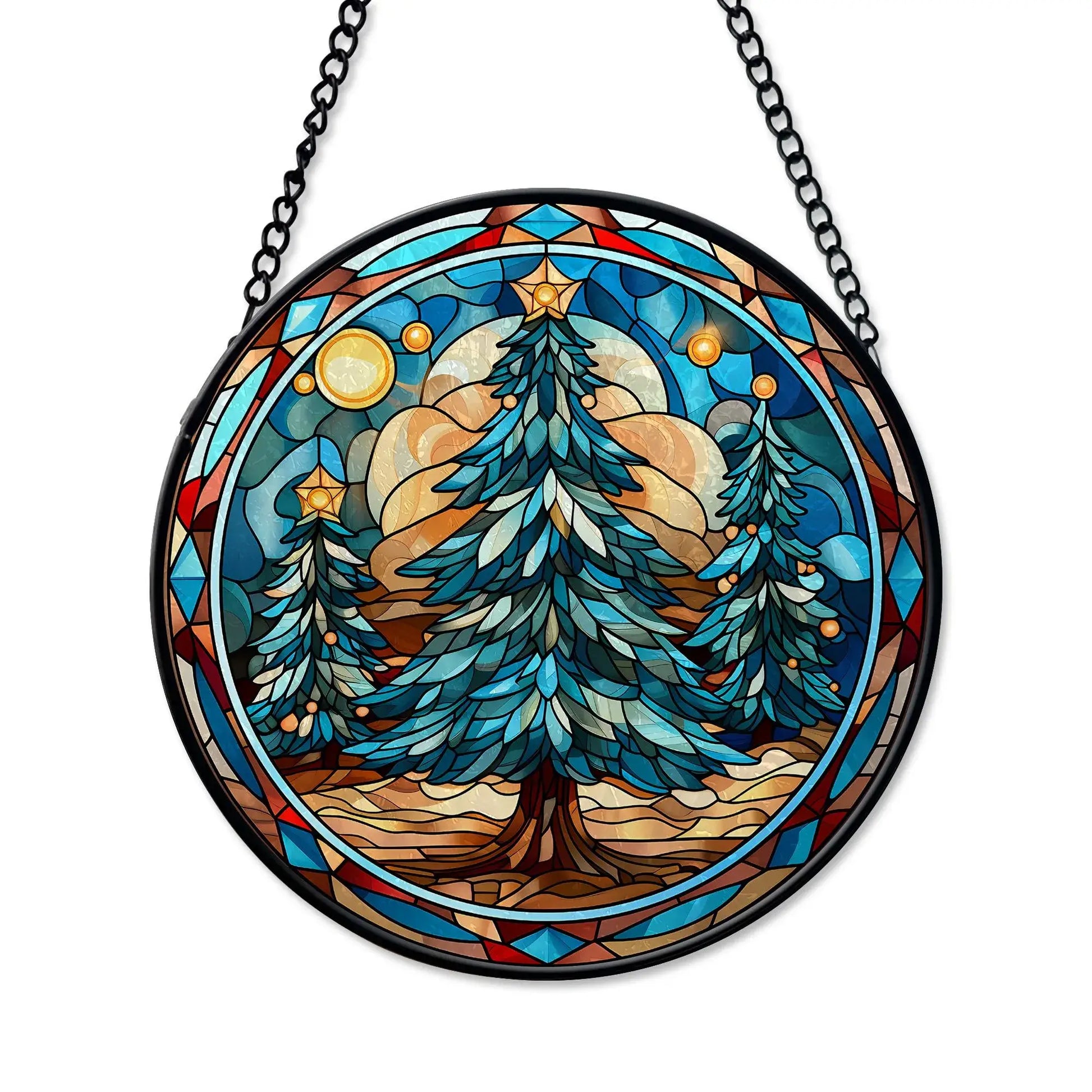 Beautiful Christmas tree stained glass ornament featuring blue trees and vibrant colors, ideal for window or tree hanging.