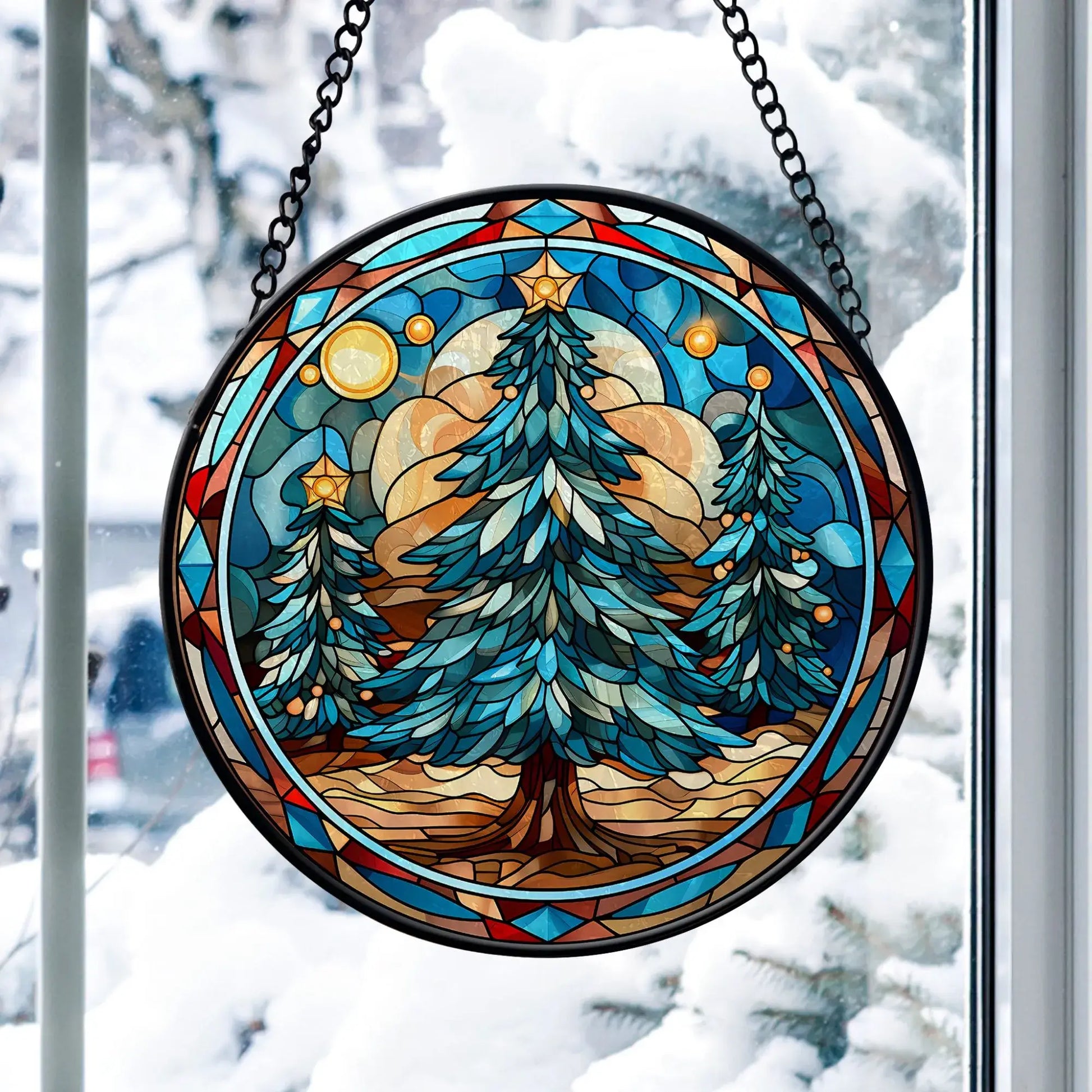 Christmas tree stained glass ornament hanging in a window, featuring vibrant blue tones and a snowy backdrop.